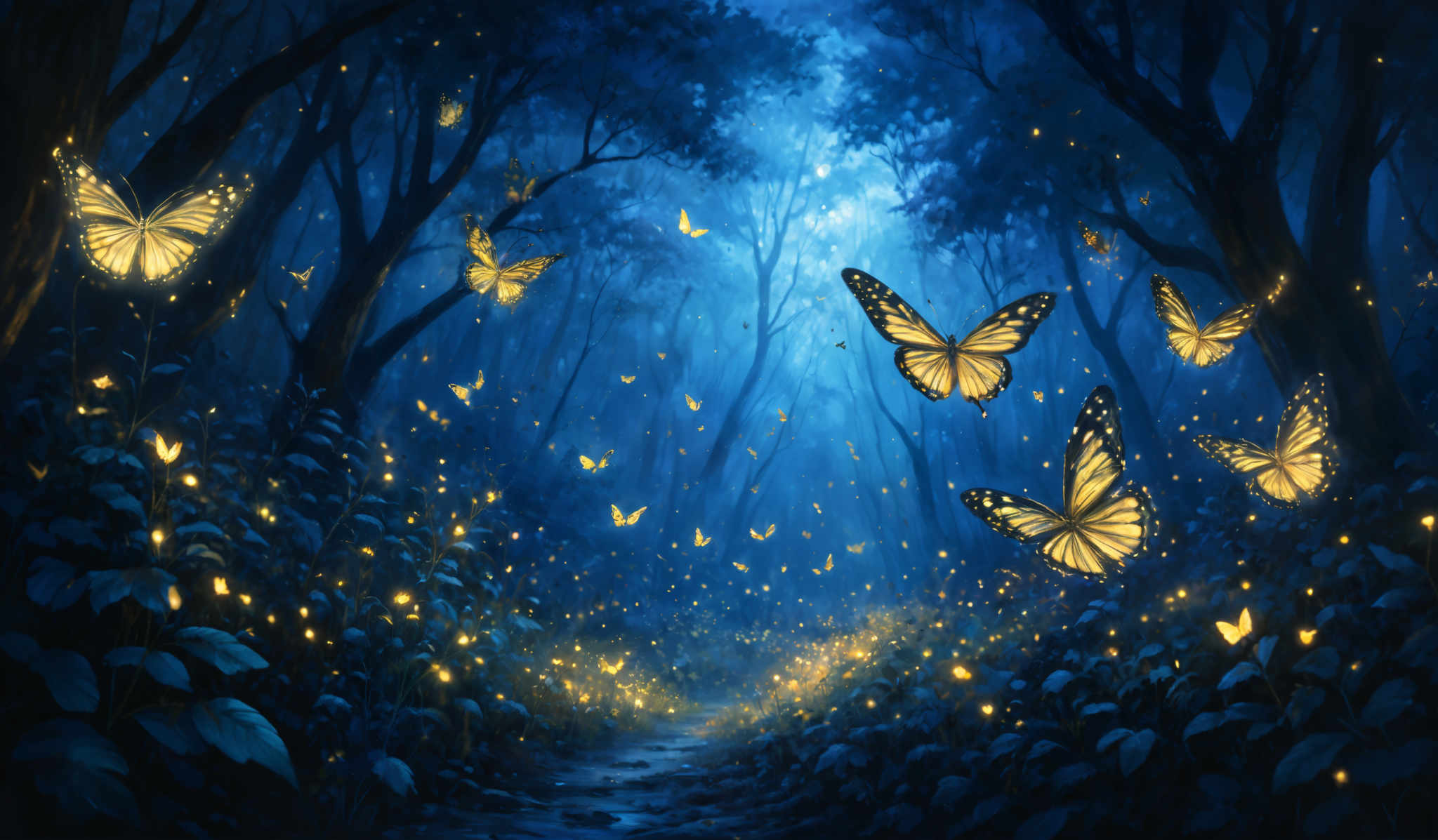 The image showcases a serene and mystical forest scene at night. The dominant colors are shades of blue, representing the night sky and the shadows of the trees, contrasted with the bright yellow of the glowing butterflies and the golden-yellow of the luminous particles scattered throughout the forest floor. The butterfly shapes are intricate, with detailed patterns on their wings, and they are depicted in various stages of flight. The forest floor is illuminated by these luminant particles, creating a magical ambiance.