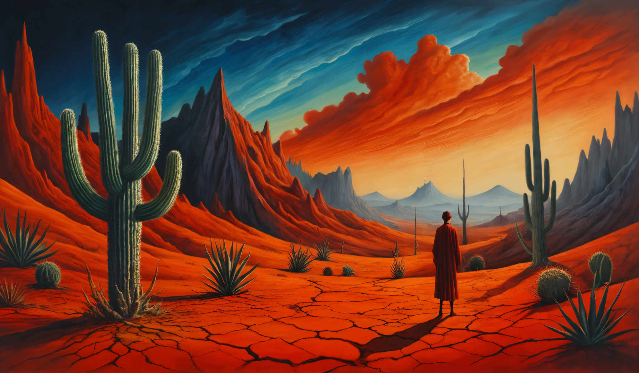 The image showcases a vibrant desert landscape with rich colors. Dominating the foreground are tall, green cacti, with one particularly large and detailed cactus in the center. The ground is cracked, suggesting dryness, and is painted in shades of deep red and orange, reflecting the sun's heat. In the background, there are towering red rock formations, some of which have sharp peaks. The sky is a dramatic mix of deep blues and fiery oranges and reds, suggesting either a sunrise or sunset. There's also a lone figure, dressed in a red robe, standing in the distance, looking towards the horizon.