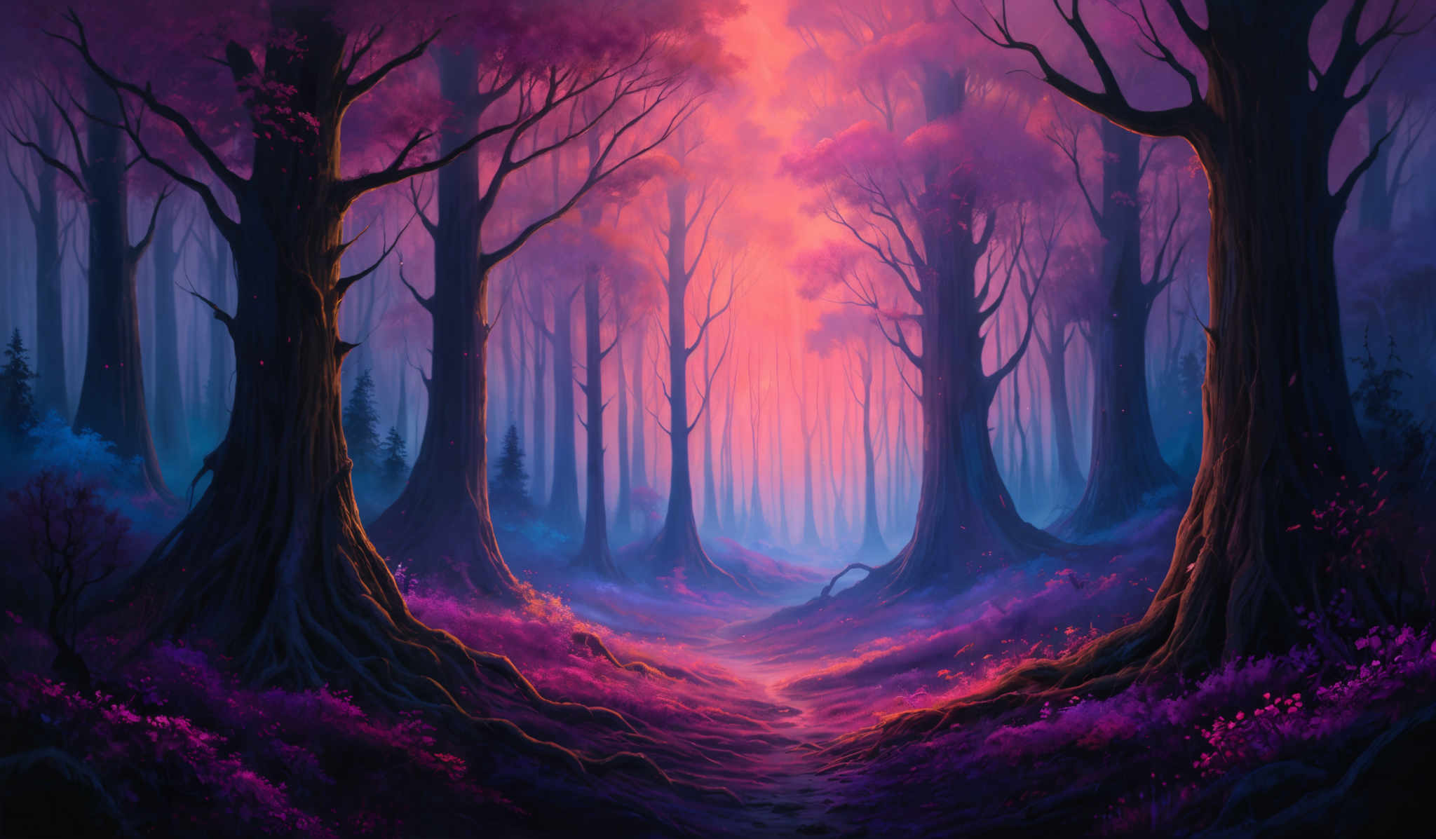 The image showcases a vibrant and surreal forest scene. The dominant colors are shades of pink, purple, and blue, creating a dreamy and ethereal atmosphere. The trees are tall and slender, with their trunks prominently displayed. The ground is covered in a thick layer of purple flowers and foliage, leading to a pathway that seems to be illuminated by a soft, golden light from the background. The overall impression is one of a magical, otherworldly forest bathed in the glow of a setting or rising sun.