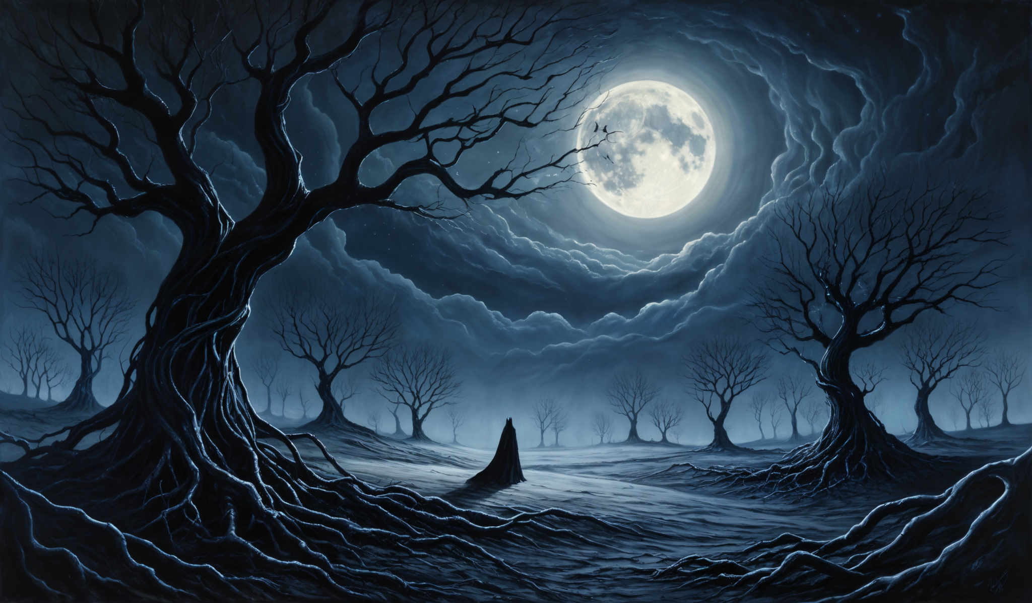 The image predominantly features shades of blue and white. The sky is filled with swirling, cloud-like formations that are illuminated by the bright moon. The moon itself is a large, glowing orb, casting a soft light over the scene. The landscape is dominated by barren trees with twisted, gnarled branches. Their roots extend outwards, creating intricate patterns on the ground. In the foreground, there's a solitary figure draped in a cloak, standing amidst the trees, adding a sense of mystery and solitude to the scene, and a distant figure on a horse, adding depth and scale to the landscape.