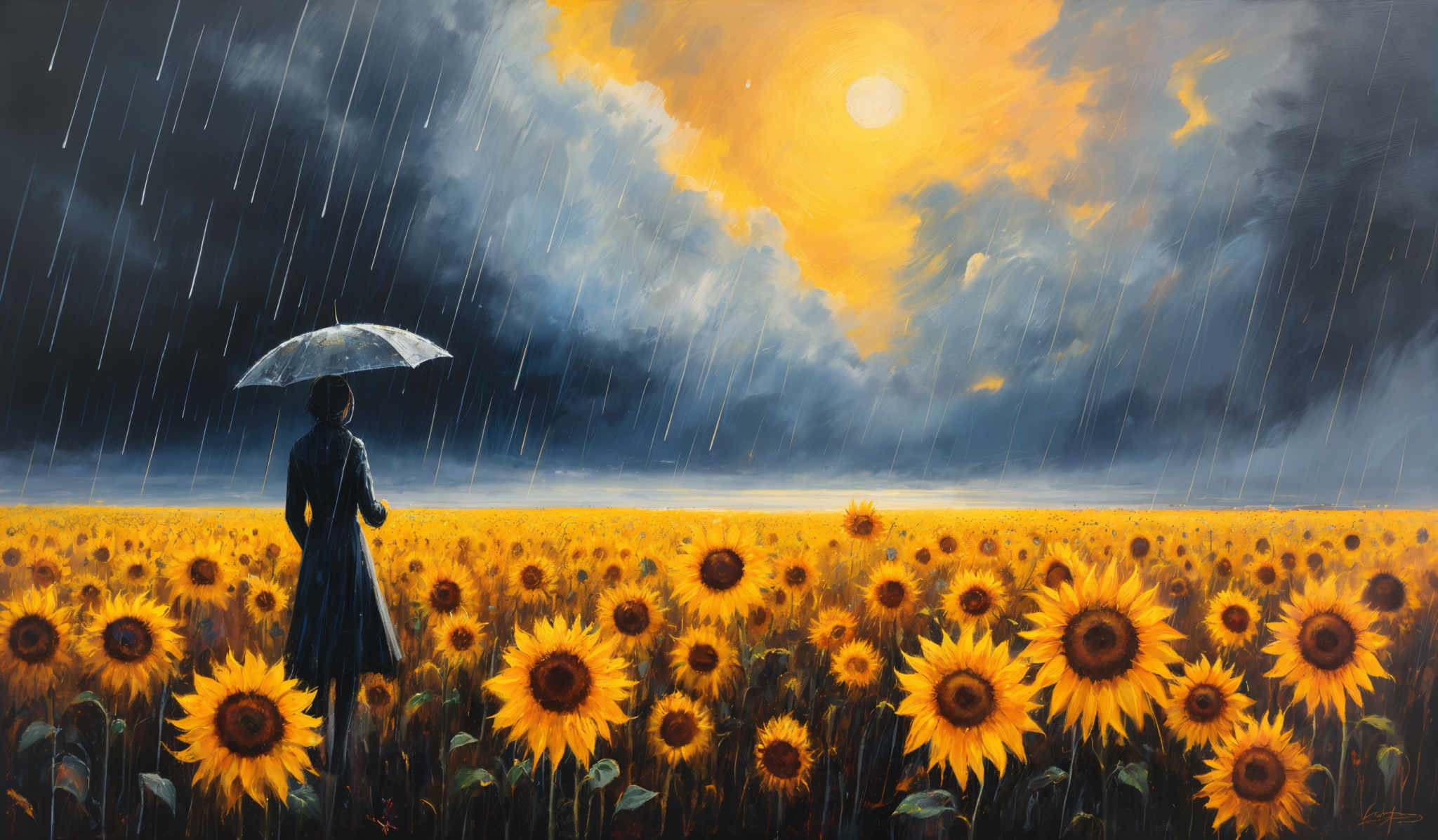 The image showcases a vast field of sunflowers under a dramatic sky. The sunflower field is filled with bright yellow sunflowERS with dark centers. Above, the sky is painted in shades of dark blue and gray, with streaks of rain falling down. The bright sun is visible, casting a warm golden hue over the scene, contrasting with the darker clouds. In the foreground, a solitary figure stands holding an umbrella, looking out over the field. The figure is dressed in dark clothing, which contrasts with the vibrant yellow of the sunflowering field.