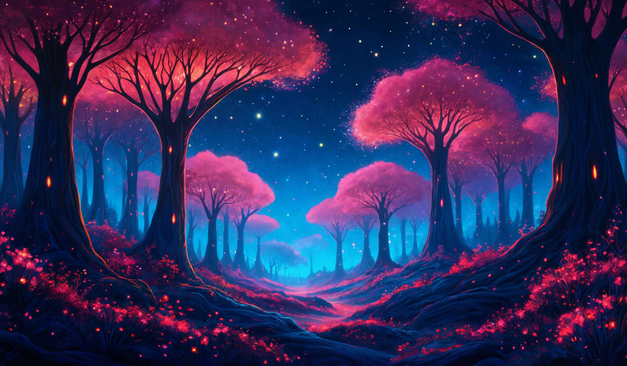 The image showcases a surreal and vibrant forest scene. The trees are tall and slender, with their canopies glowing in a deep shade of pink. The ground is covered in a carpet of pinks and reds, possibly representing flowers or some magical essence. The sky above is a deep blue, dotted with numerous stars, giving the impression of a night sky. The overall ambiance of the image is mystical and dreamy.