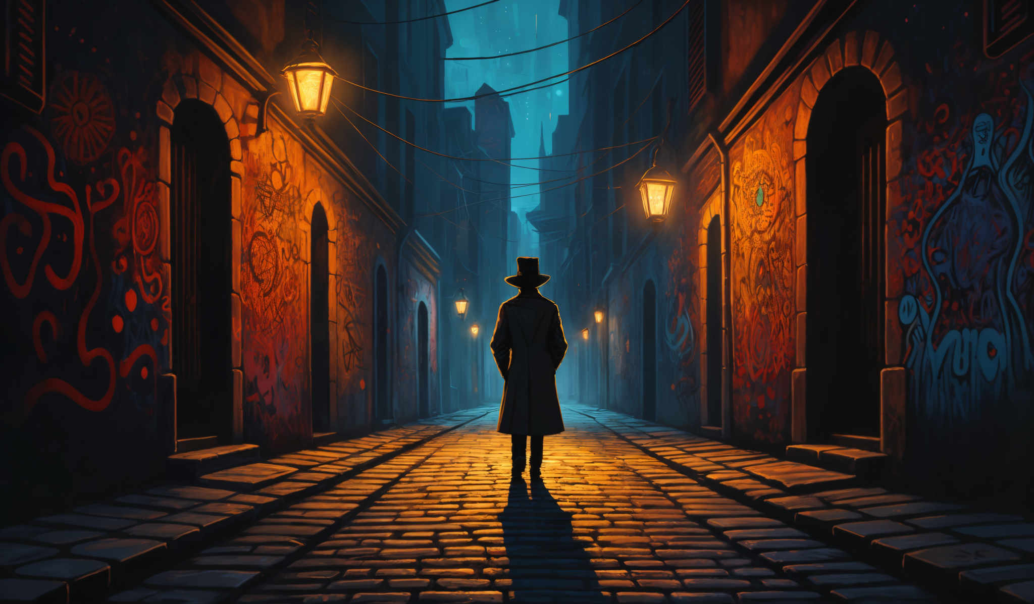 The image predominantly features a mix of cool and warm tones. The cool tones are evident in the bluish hue of the sky and the shadows cast on the cobblestone street. The warm tone is seen in the glowing lanterns and the vibrant graffiti on the walls. The graffit is intricate, with various shapes and patterns, including swirls, faces, and abstract designs. The buildings on either side of the alley are old, with worn-out facades and windows. The silhouette of a person, possibly a detective or a wanderer, is seen walking away from the viewer, adding a sense of mystery to the scene.