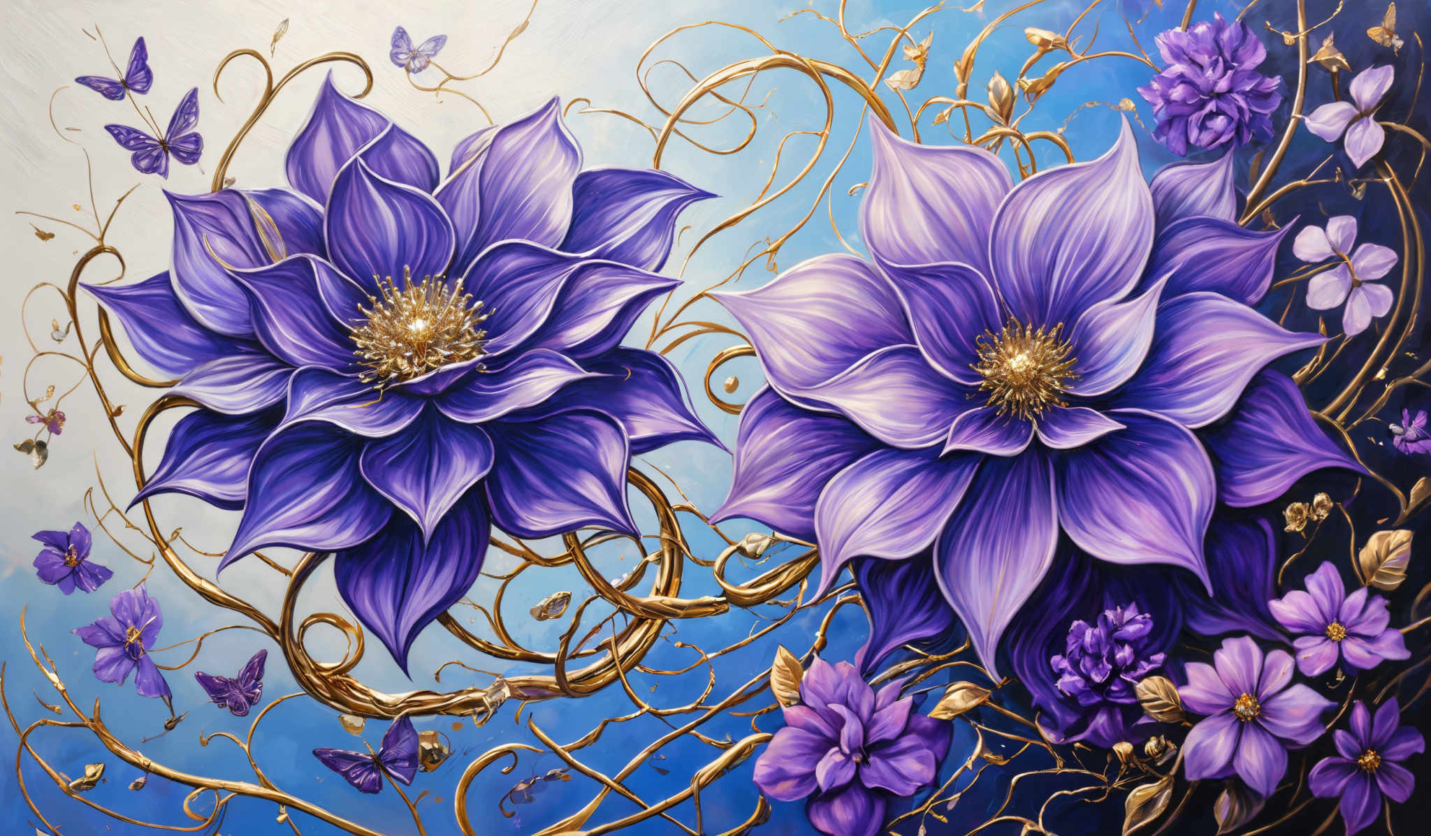 The image showcases a vibrant and detailed artwork of large, intricately designed flowers. The flowers are predominantly in shades of purple and blue, with golden accents in their centers. They have layered petals with a mix of smooth and textured surfaces. The background is a gradient of light blue, which contrasts beautifully with the rich colors of the flowers. There are also several butterflies of varying sizes and colors fluttering around the flowers, adding to the lively ambiance of the artwork. The intertwining of golden vines and branches provides a sense of depth and movement, making the entire scene appear dynamic and alive.