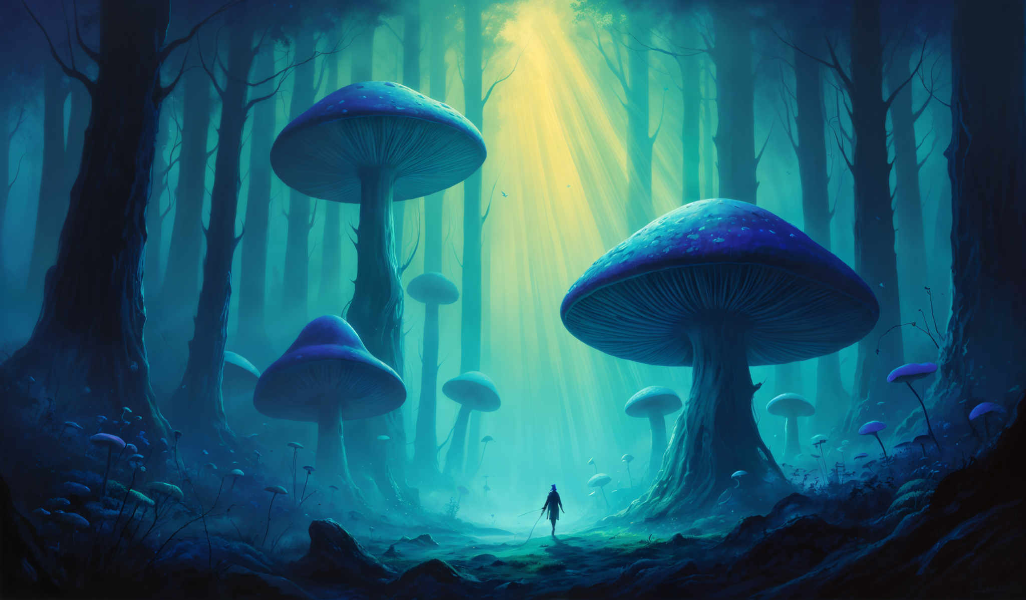 The image showcases a mystical forest with tall, slender trees that have a dark hue. The ground is covered with fallen leaves and small plants. Dominating the scene are large, vibrant mushrooms with a purple hue and white spots. These mushroom caps are shaped like umbrellas and have a stem that tapers to a point. The forest is illuminated by a soft, golden light that filters through the trees, creating a serene and ethereal atmosphere. In the foreground, there's a silhouette of a person standing, possibly in awe or contemplation of the surroundings.