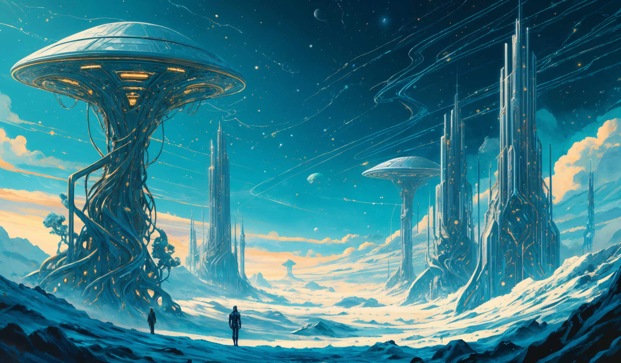 The image showcases a futuristic or alien landscape. Dominating the scene are towering structures that resemble mushrooms or organic towers, with intricate designs and glowing elements. These structures are set against a backdrop of a starry sky with swirling cosmic patterns. The ground appears to be covered in snow or some other frosty substance, and there are two humanoid figures standing, observing the scene. The color palette is dominated by cool tones, with blues, whites, and hints of gold from the structures.