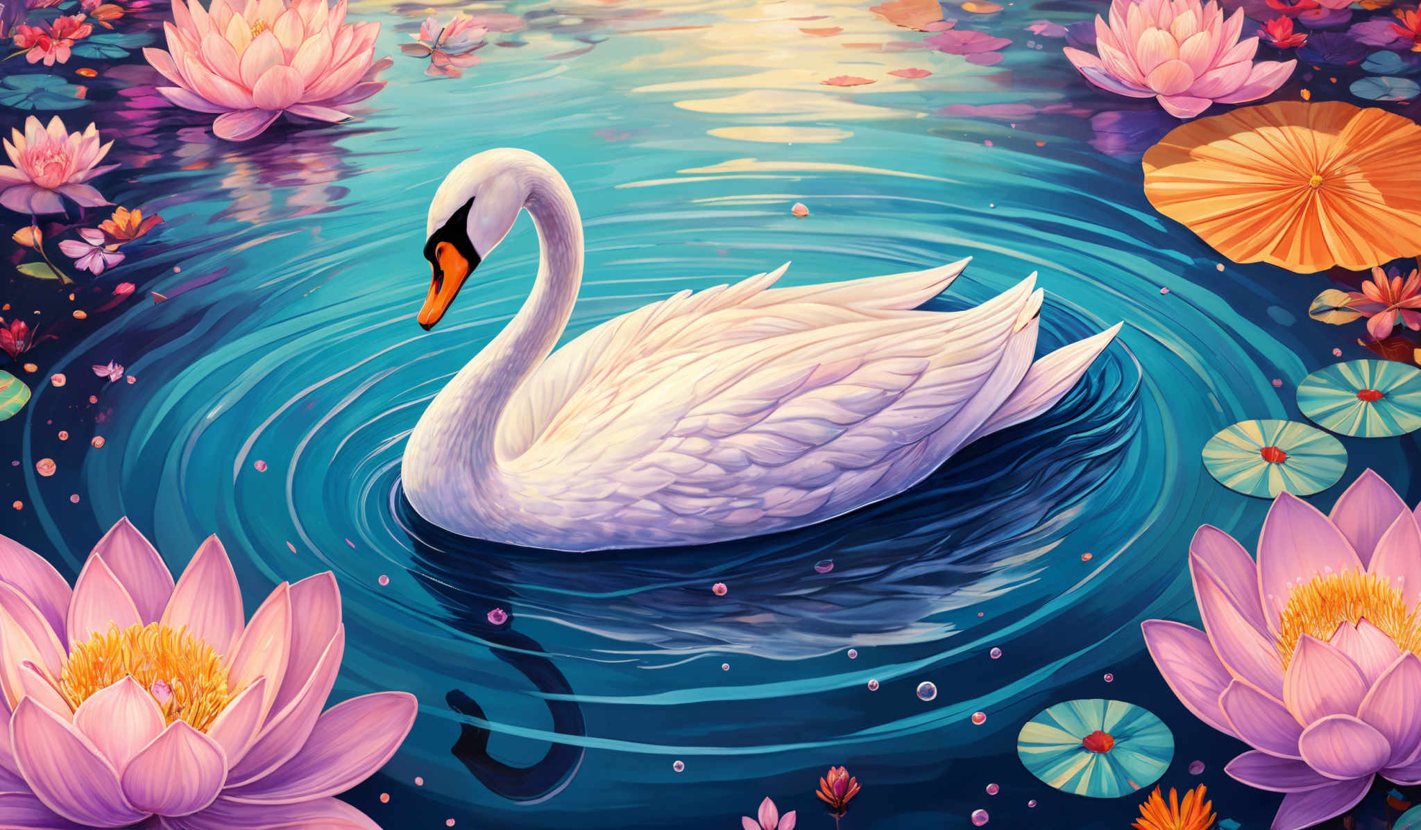 The image showcases a serene scene of a white swan gracefully floating on a body of water surrounded by vibrant flowers. The swan has a sleek, elongated body with a curved neck and a sharp beak. Its feathers are depicted in intricate detail, displaying a range of white, gray, and subtle hints of blue. The water reflects the swan and the surrounding flowers, creating a mirror-like effect. The flowers, predominantly in shades of pink and purple, are in full bloom and vary in shape, from large lotus blossoms to smaller water lilies. The background is painted with a gradient of blues, representing the depth of the water, and is adorned with floating leaves and small bubbles.