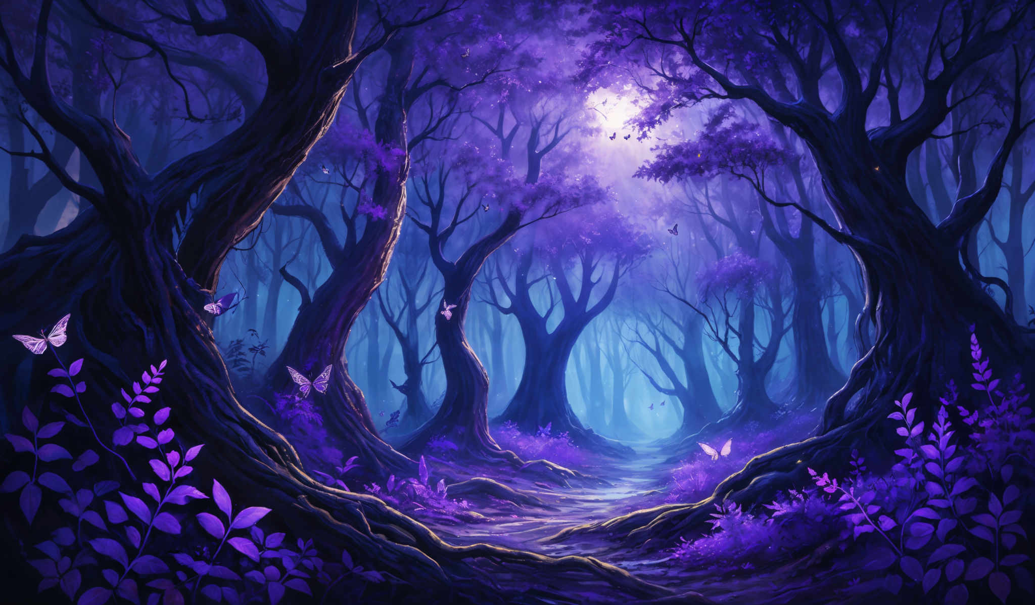 The image showcases a vibrant and mystical forest scene. The dominant colors are shades of purple and blue, creating a dreamy and ethereal atmosphere. The trees have twisted and gnarled trunks, and their branches stretch out in various directions. The ground is covered with purple flowers and foliage, and there are butterflies fluttering around. A soft light permeates the scene, casting a gentle glow on the path that winds through the forest.