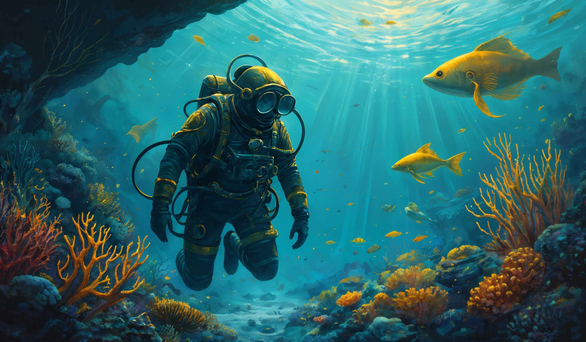 The image showcases a vibrant underwater scene. The dominant colors are shades of blue, representing the vastness of the ocean, and warm hues of orange and yellow, representing coral reefs and marine life. The shape of the image is rectangular, with the upper portion representing the surface of the water and the lower portion depicting the ocean floor. The central figure is a diver equipped with a diving suit, complete with oxygen tanks and a helmet. The diver is surrounded by various marine creatures, including fish and corals, and the entire scene is illuminated by rays of sunlight filtering through the water's surface.