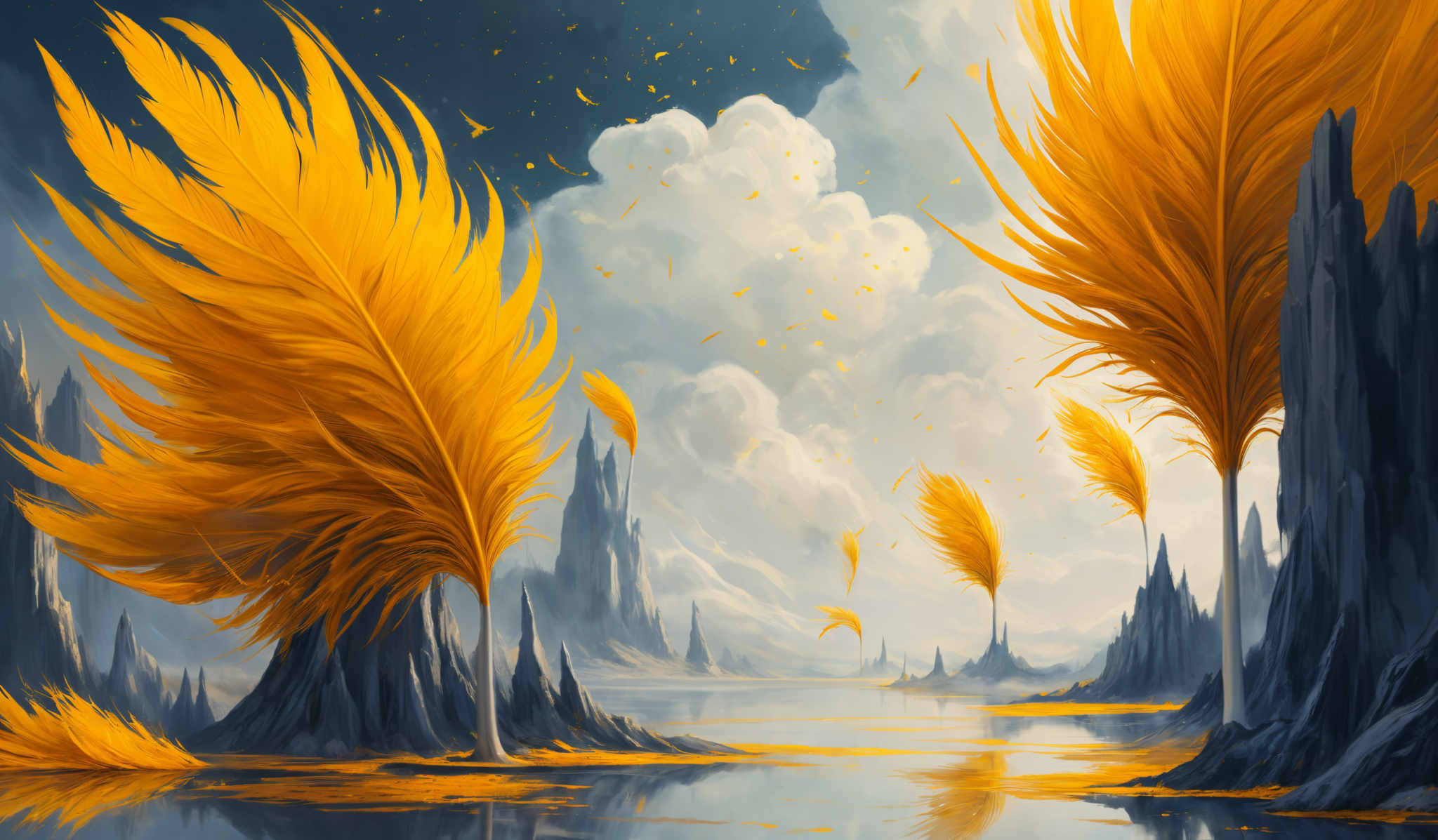 The image showcases a surreal landscape with towering rock formations and a vast body of water. Dominating the scene are large, vibrant, golden-orange feathers that seem to be either attached to the rocks or floating in the air. These feathers have a unique, almost flame-like structure, with intricate details and shading that give them depth and dimension. The sky is filled with white clouds, and there are small golden particles or specks scattered throughout, possibly representing sunlight or falling leaves. The overall color palette is a mix of cool blues and warm golds, creating a striking contrast.