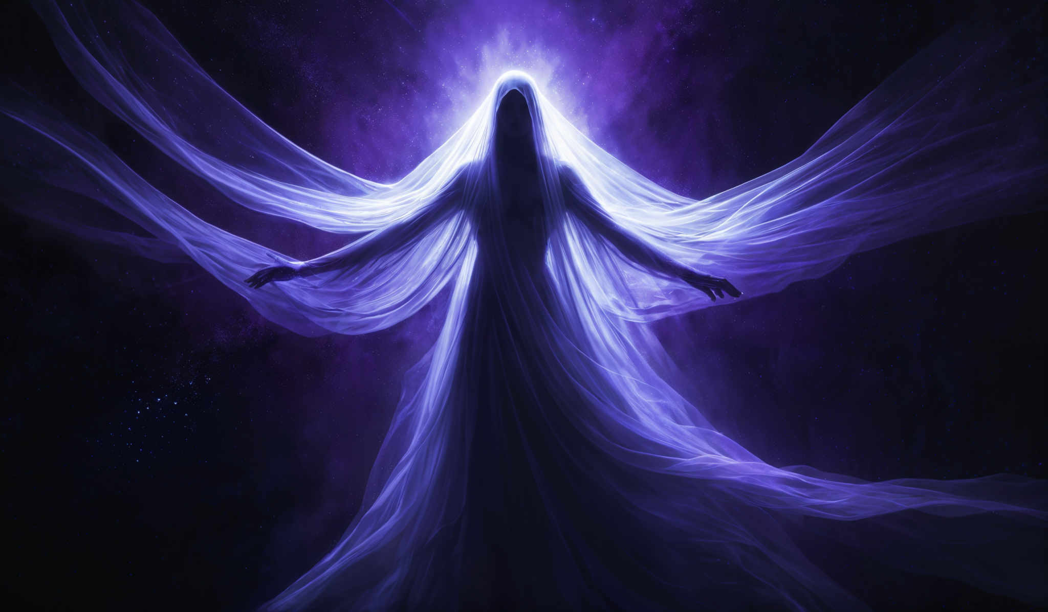 The image predominantly features shades of purple and blue. The central figure appears as a translucent, ethereal being with outstretched arms, resembling a spirit or deity. The figure is draped in flowing, translucence, giving it an otherworldly appearance. The background is a deep purple with specks of white, resemble a cosmic or nebulous setting.