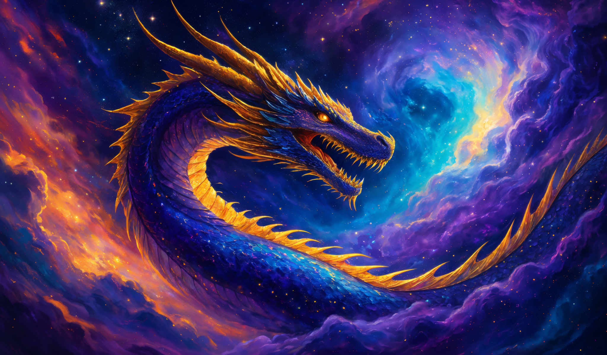 The image showcases a majestic dragon with a serpentine body, coiled around a cosmic backdrop. The dragon's scales are a vibrant shade of blue, with golden and orange hues highlighting its spine, mane, and other features. Its eyes are fiery orange, emanating an intense gaze. The cosmic background is a breathtaking display of colors, ranging from deep purples and blues to fiery oranges and reds. It appears as though the dragon is emerging from or intertwined with a nebula, with stars and cosmic clouds swirling around it.