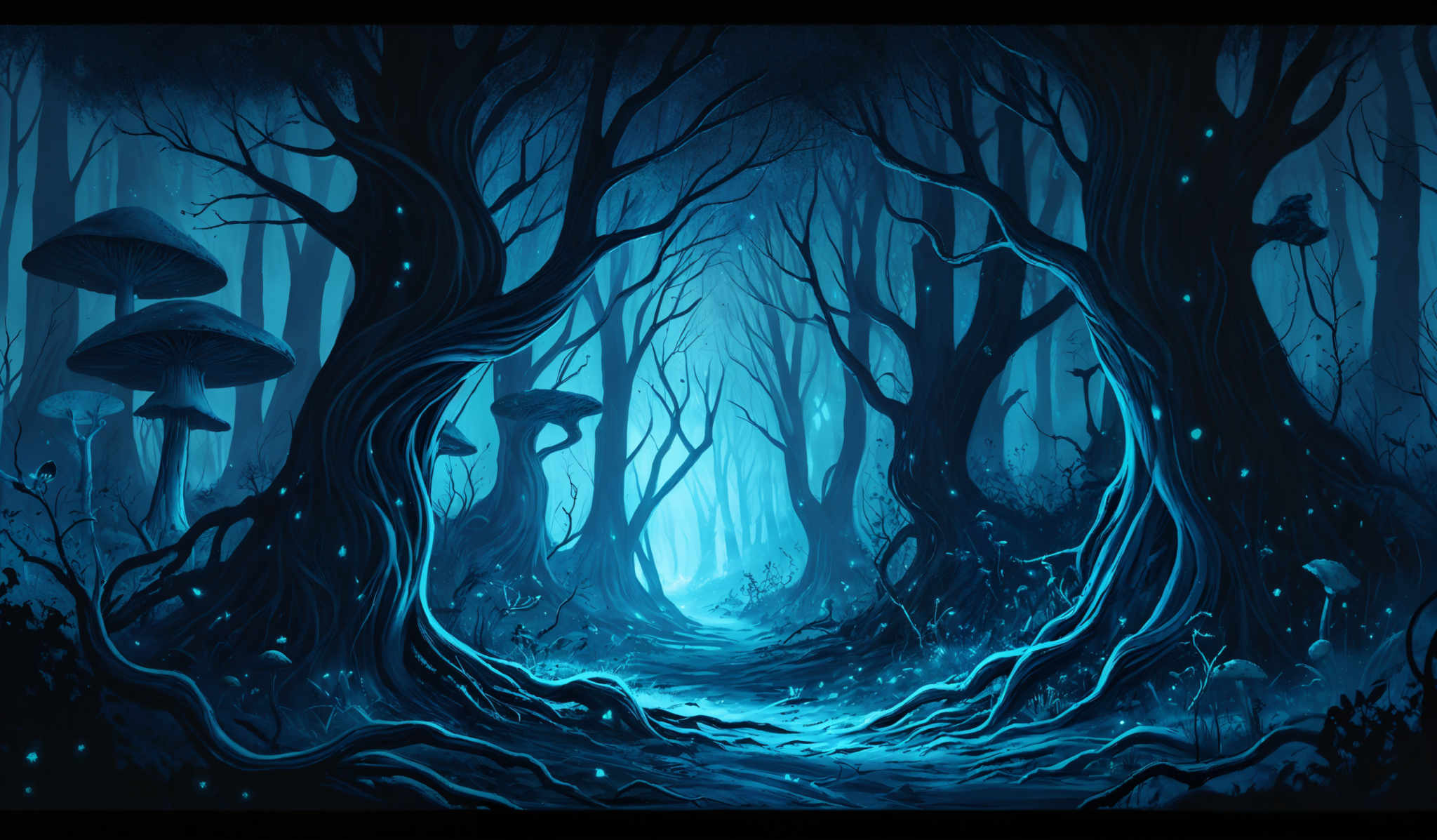 The image showcases a mystical forest scene. The dominant colors are various shades of blue, creating a serene and ethereal atmosphere. The trees have twisted and gnarled trunks, and their branches stretch out in various directions. The ground is covered with a thick layer of leaves and small plants, and there are several large mushrooms scattered around. The mushroom caps are white with blue glowing spots, suggesting they might be bioluminescent. The overall ambiance of the image is enchanting, with a sense of wonder and mystery.