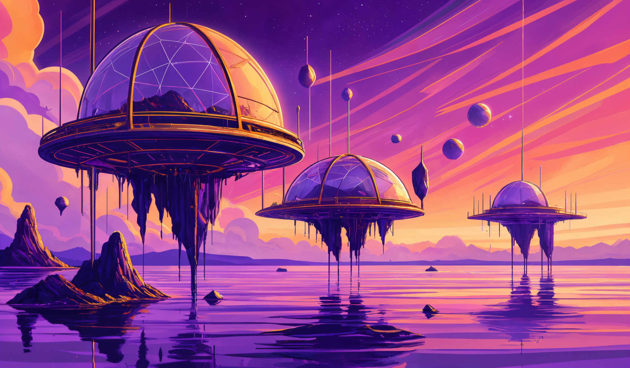 The image showcases a vibrant and futuristic landscape. Dominating the scene are large, transparent, dome-shaped structures suspended above a body of water. These structures have intricate geometric patterns on their surfaces. The sky is painted in hues of purple, pink, and orange, suggesting either a sunrise or sunset. Multiple smaller spherical objects float in the sky, and the horizon is adorned with jagged rock formations emerging from the water.