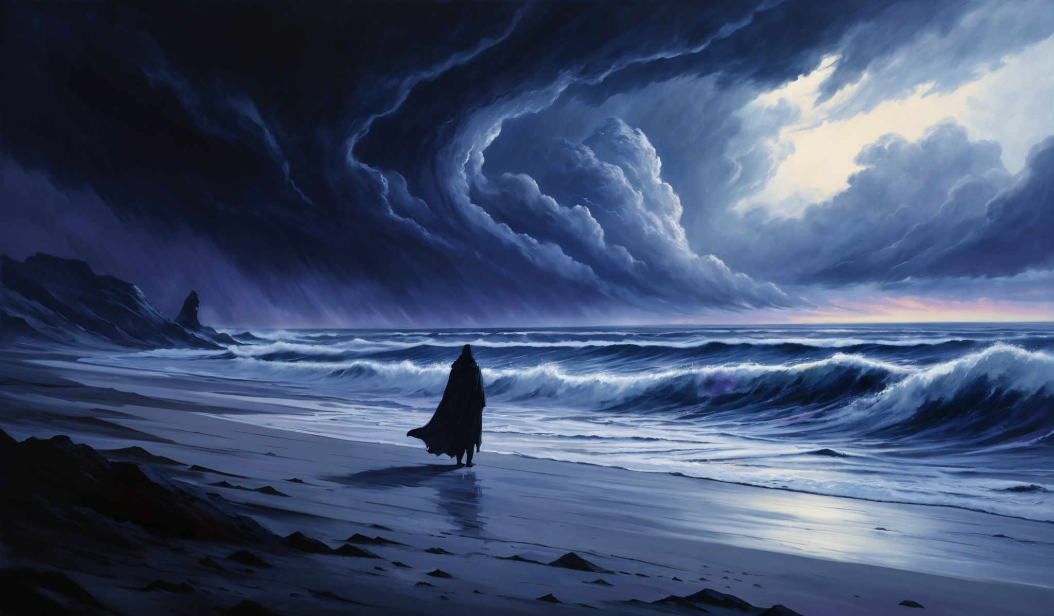 The image showcases a dramatic seascape with dark, swirling clouds dominating the sky. The clouds are thick and appear to be rolling in, suggesting an impending storm. The sunlight breaks through in places, casting a soft glow on the sea below. On the beach, there's a lone figure, possibly a woman, draped in a long cloak, standing and looking out at the sea. The waves crash onto the shore, and the beach is strewn with rocks and pebbles. The overall mood of the image is one of solitude, contemplation, and awe in the face of nature's power.