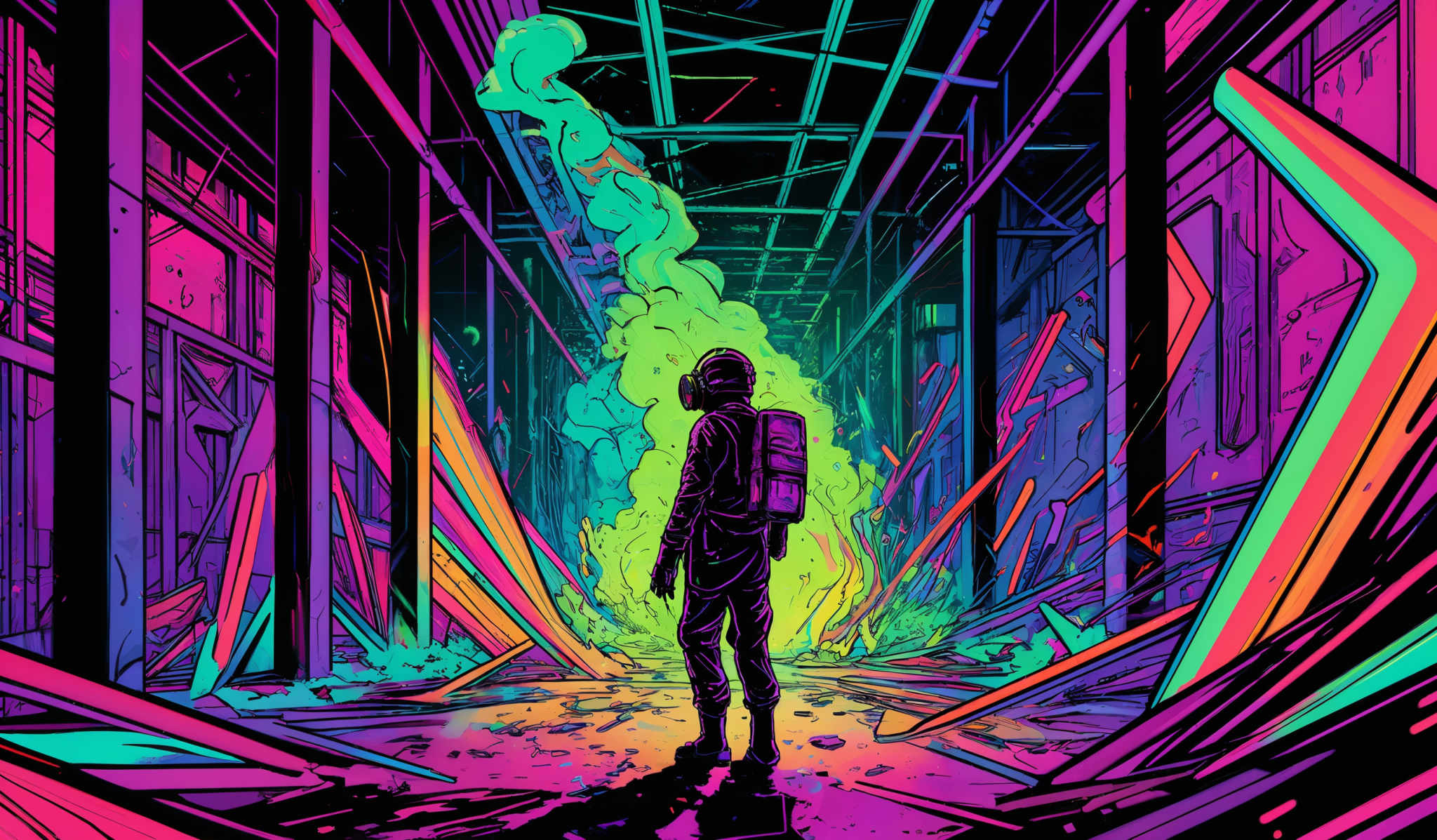 The image showcases a vibrant and neon-colored scene. Dominant colors include shades of purple, pink, blue, and yellow. The scene appears to be a futuristic or alien environment, possibly a corridor or pathway. There's a silhouette of a figure, possibly an astronaut or a robot, standing with their back to the viewer. The figure is surrounded by a bright, yellowish glow, which contrasts with the darker, more shadowed areas of the corridors. The architecture of the environment is intricate, with sharp angles, geometric shapes, and a complex network of pathways and structures.