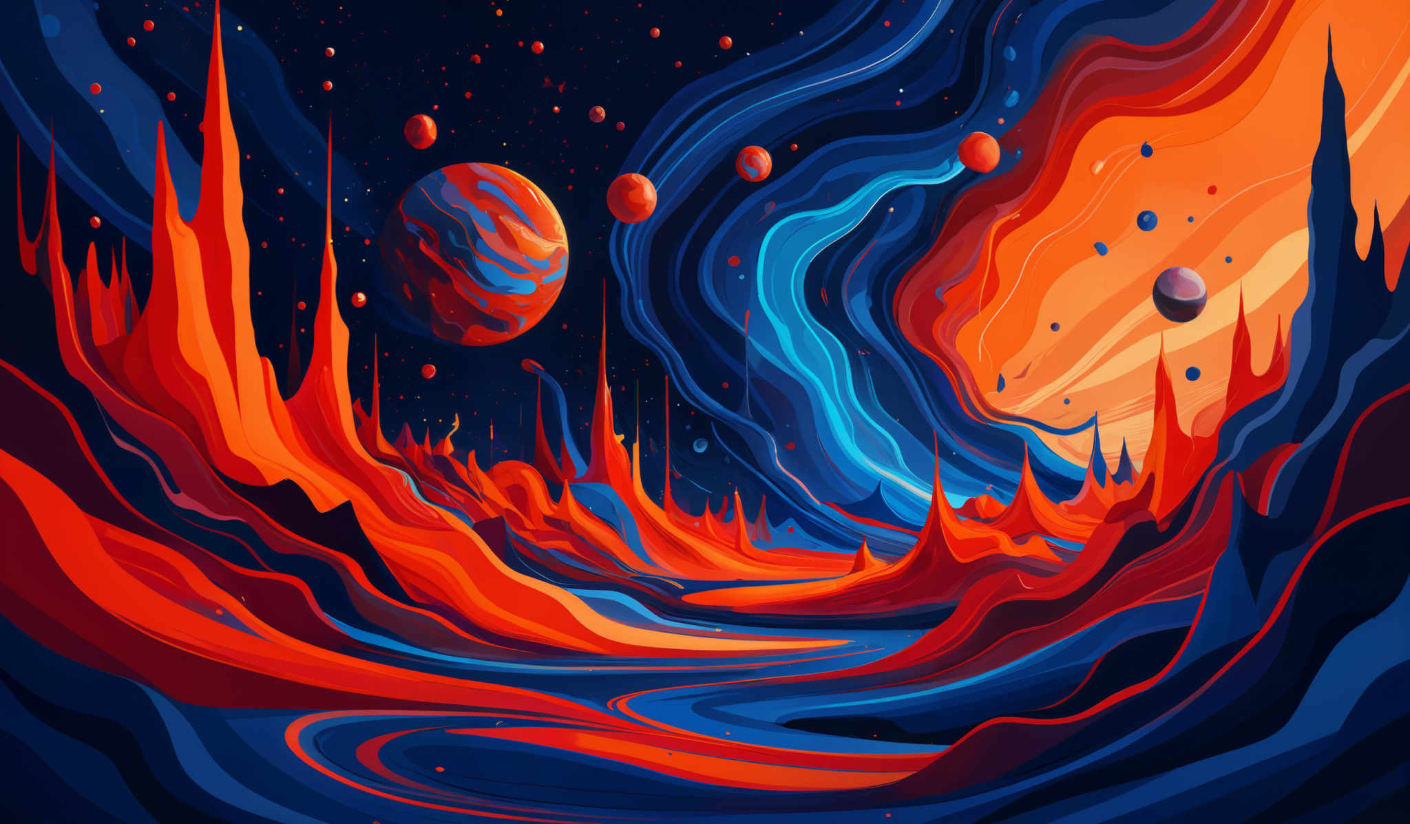 The image showcases a vibrant and dynamic cosmic landscape. It features swirling patterns of colors, predominantly shades of blue, red, and orange, reminiscent of flowing lava or celestial gases. The scene is dotted with various celestrial bodies, including planets and moons, some of which are larger and more detailed, while others are smaller and more distant. The foreground has jagged, towering rock formations that contrast with the smooth, wavy patterns in the background. The overall composition gives a sense of movement and depth, as if one is gazing into a distant, alien world.