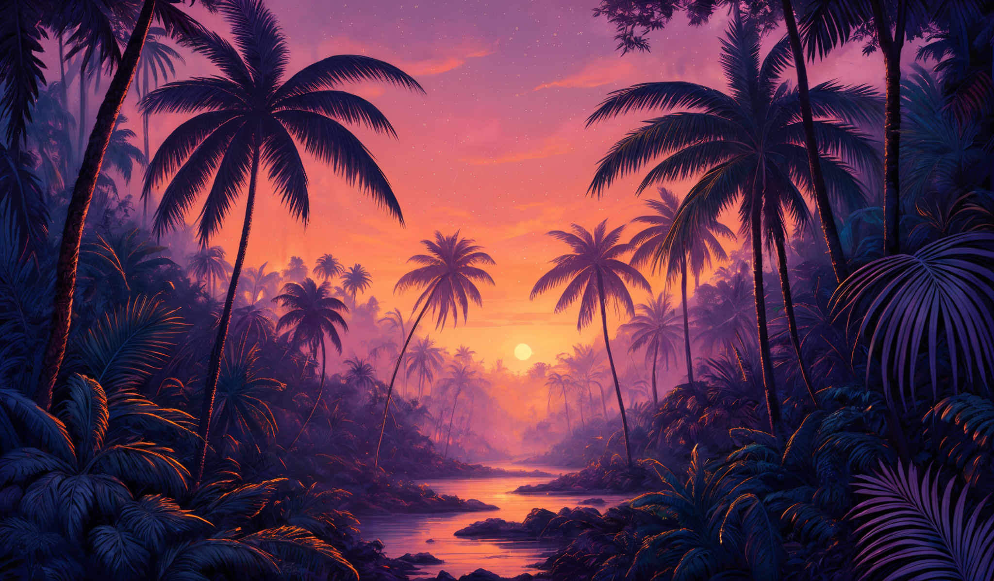 The image showcases a vibrant and colorful tropical landscape during sunset or sunrise. Dominating the scene are tall palm trees with their fronds swaying, casting shadows on the ground. The sky is painted in hues of pink, purple, and orange, with a few stars visible. In the foreground, there's a serene river or stream with rocks scattered around. The vegetation is dense, with various types of plants, including ferns and other tropical flora, adding to the lushness of the scene.