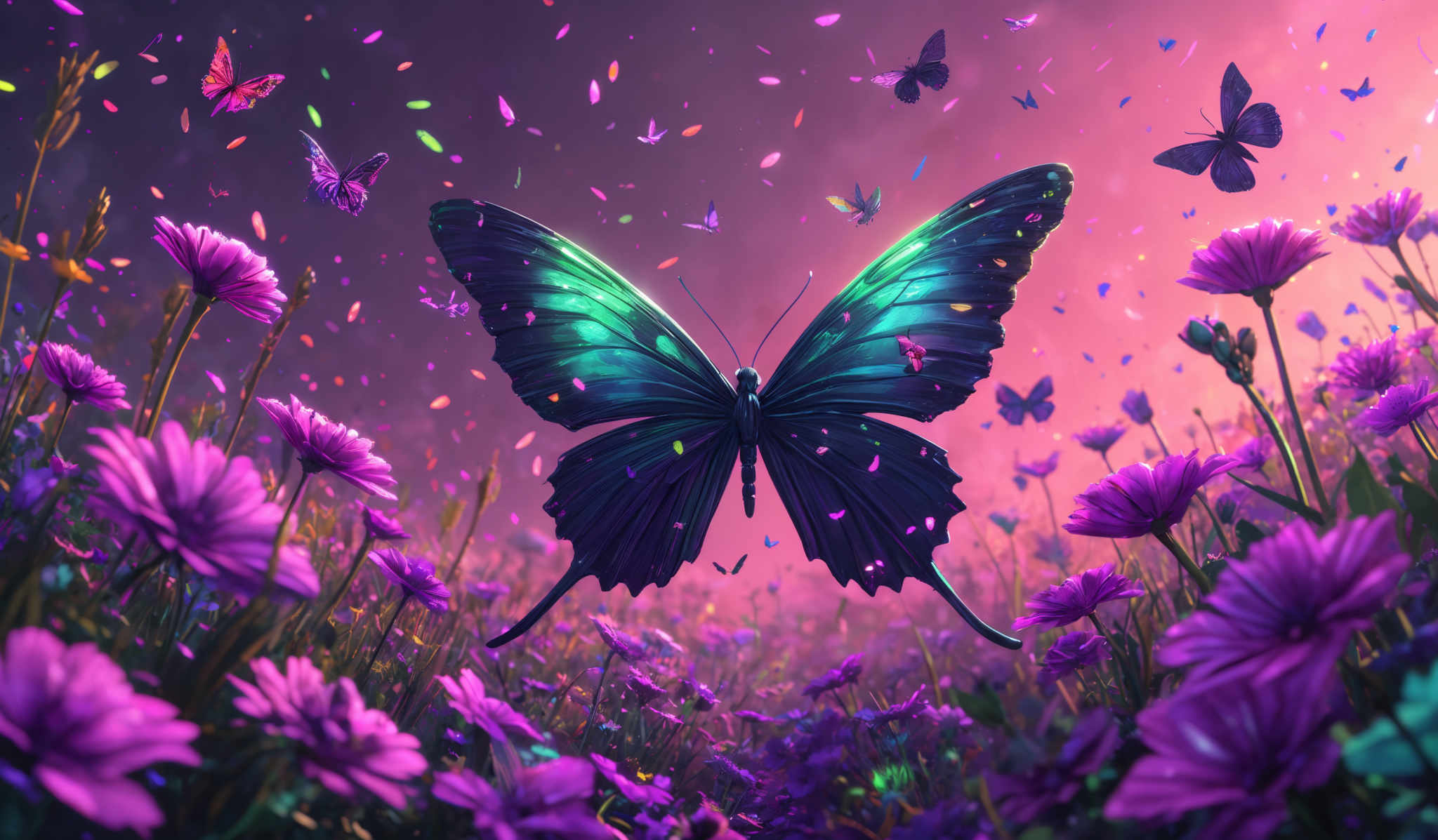 The image showcases a vibrant and mesmerizing scene of a butterfly surrounded by a field of purple flowers. The butterflies are depicted in various sizes and colors, with one prominent black butterflly in the center that emits a radiant green glow from its wings. The flowers are large, purple with multiple petals, and they seem to be swaying with the wind. The background is filled with a myriad of colorful confetti or petals that add to the dreamy atmosphere. The entire scene is bathed in a warm, pinkish hue, creating a magical and ethereal ambiance.