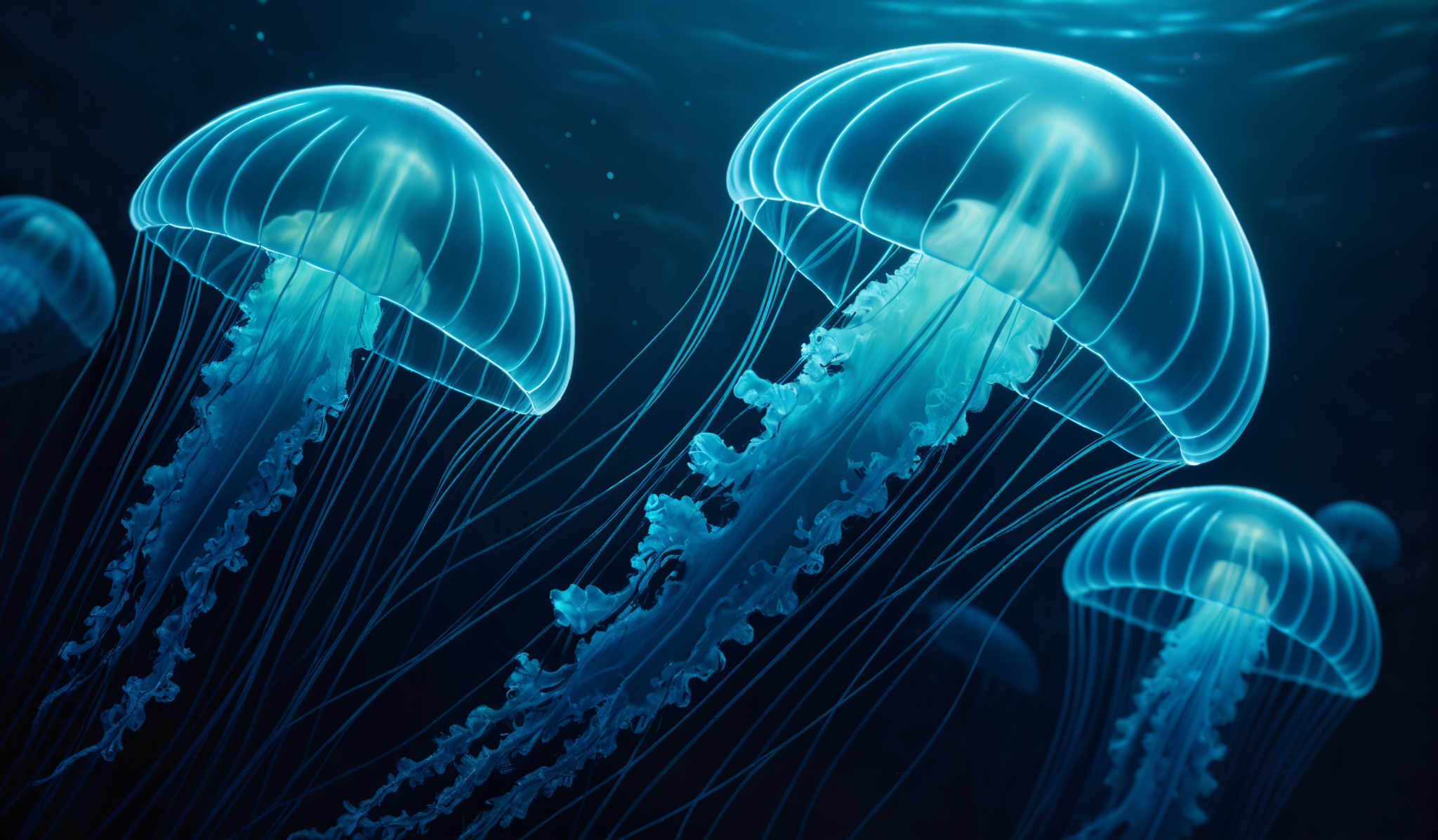 The image showcases a group of jellyfish, illuminated in a deep blue hue. They have a translucent, dome-shaped bell and long, delicate tentacles. The tentacles are adorned with intricate patterns and are tinged with a luminescent blue glow. The background is dark, emphasizing the jellyfis' ethereal beauty and creating a sense of depth.