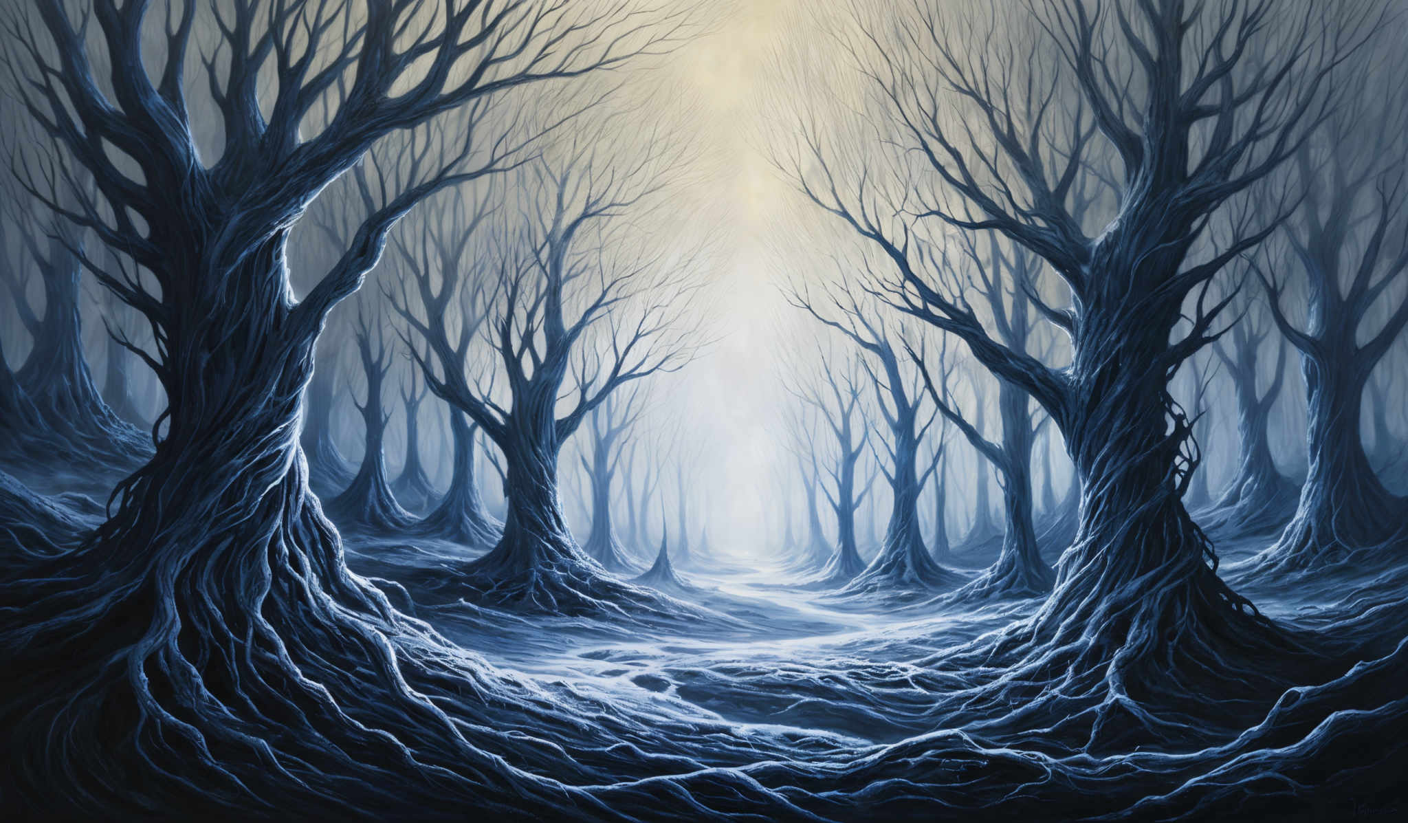 The image showcases a hauntingly beautiful forest scene. The dominant colors are shades of blue and white, creating a cold and ethereal atmosphere. The trees are tall and have intricate, twisted branches that stretch upwards, almost reaching the sky. The ground is covered in a thick layer of snow or frost, reflecting the light from above. The overall shape of the trees and the ground gives a sense of depth and perspective, making the forest appear vast and encompassing.