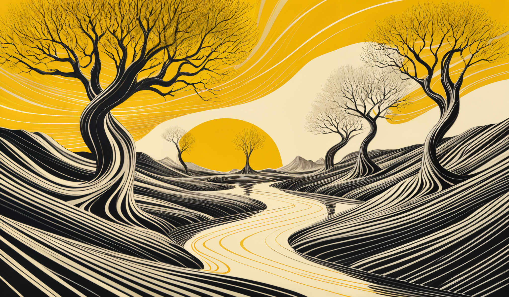 The image showcases a vibrant and artistic representation of a landscape. The dominant color is a bright yellow that forms the background, giving a feeling of sunlight or a sunset. In the foreground, there are two prominent trees with intricate, twisted trunks and bare branches. These trees are surrounded by undulating black and white patterns that resemble flowing water or waves. The ground is depicted with wavy lines, further emphasizing the fluidity of the scene. The overall composition is both mesmerizing and surreal, invoking a sense of movement and dynamism.