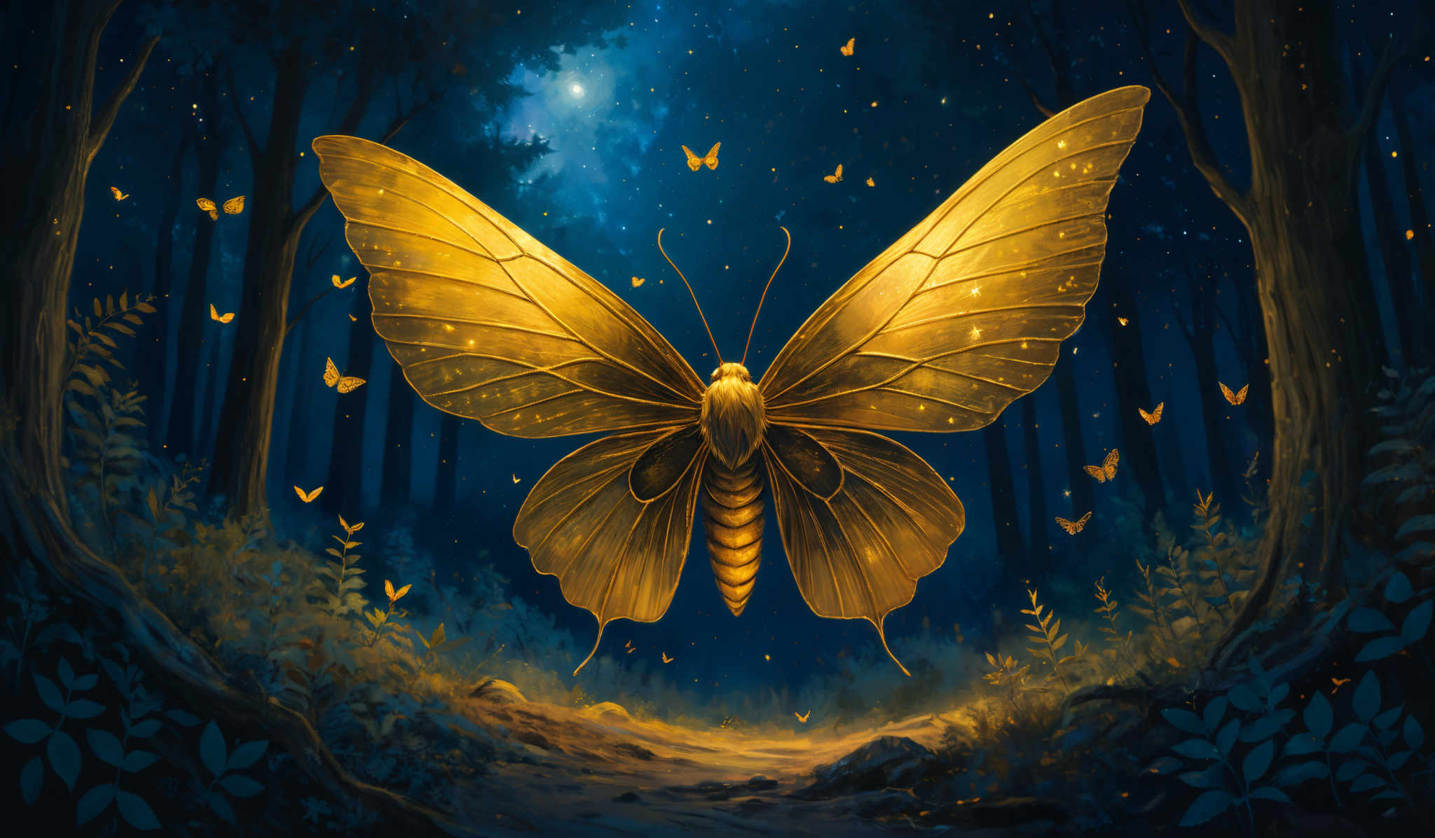 The image showcases a vibrant and mystical forest scene at night. Dominating the center is a large, luminescent butterfly with golden wings that seem to glow with a soft light. The butterflies surrounding it are smaller and also emit a similar glow. The forest is dense with tall trees whose silhouettes are visible against a deep blue night sky dotted with stars. The ground is covered with foliage, and there's a pathway leading towards the butterly. The entire scene is bathed in a serene blue light, creating a magical and ethereal atmosphere.