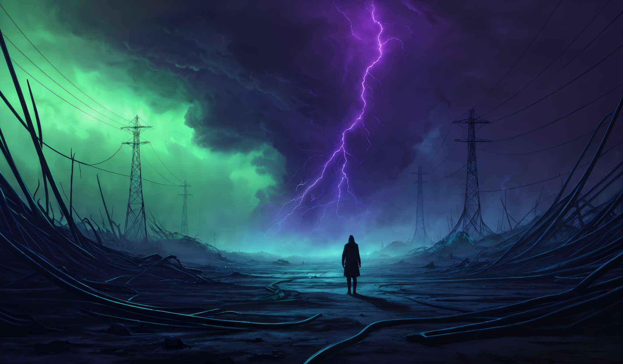 The image showcases a dramatic and atmospheric scene. Dominating the background is a vivid display of green and purple hues, possibly representing storm clouds or some other atmospherical phenomenon. A striking bolt of lightning, with its jagged and electric appearance, pierces through the clouds, illuminating the scene below. The foreground is filled with tangled and twisted power lines and poles, which appear to be damaged or abandoned. The ground is wet, reflecting the colors of the sky, and there's a solitary figure standing in the distance, looking up at the lightning. The overall mood of the image is one of awe, mystery, and perhaps a touch of foreboding.