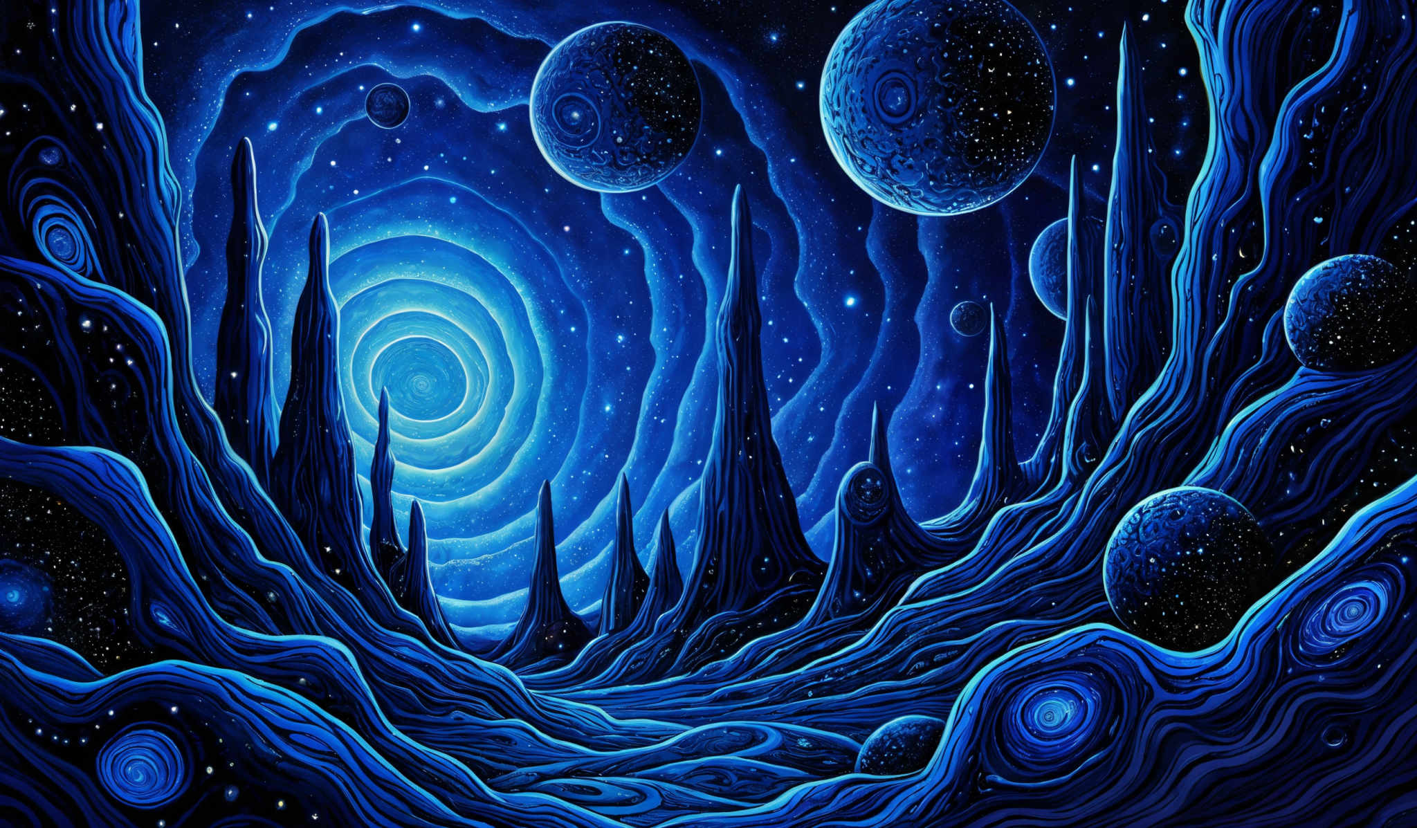 The image predominantly features shades of blue, ranging from deep navy to lighter hues. The central figure is a swirling blue vortex or portal, emanating a radiant glow. Surrounding this are towering, wavy structures that resemble alien towers or spires. These structures are intricately detailed, with patterns that suggest they might be made of some otherworldly material. The sky is filled with stars, and there are multiple celestial bodies, possibly planets, floating in the space. The overall ambiance is mysterious and otherworldliness.