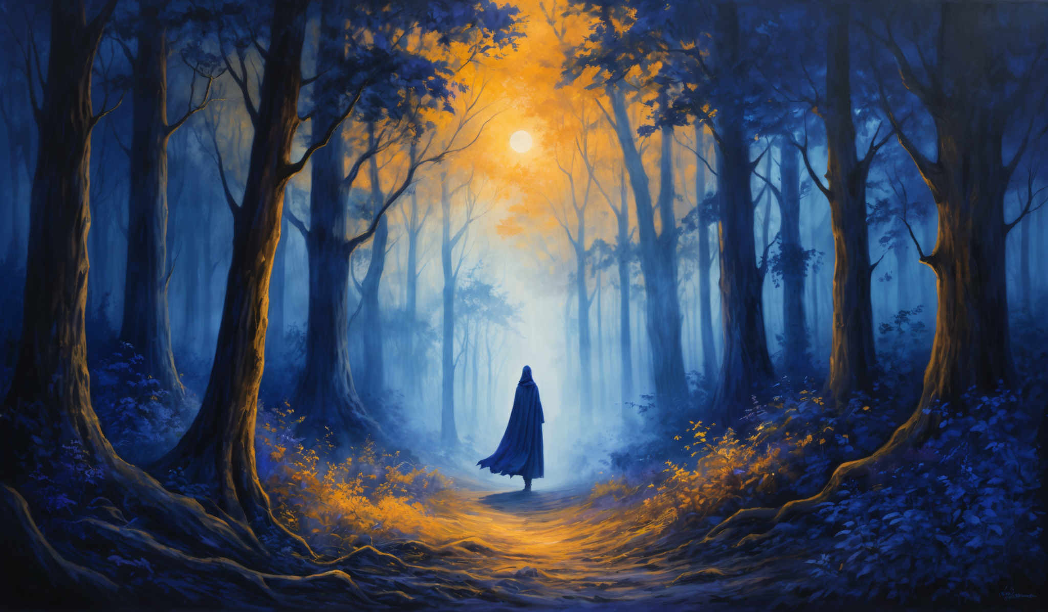 The image showcases a dense forest with tall, slender trees whose trunks are dark and prominent. The foliage is a mix of deep blue and golden hues, with the golden tones illuminating the scene from above, possibly from a setting or rising sun. The ground is covered with blue-tinted vegetation, and there's a pathway leading into the distance where a solitary figure, draped in a blue cloak, stands, looking into the horizon. The overall mood of the image is serene, mysterious, and slightly ethereal.