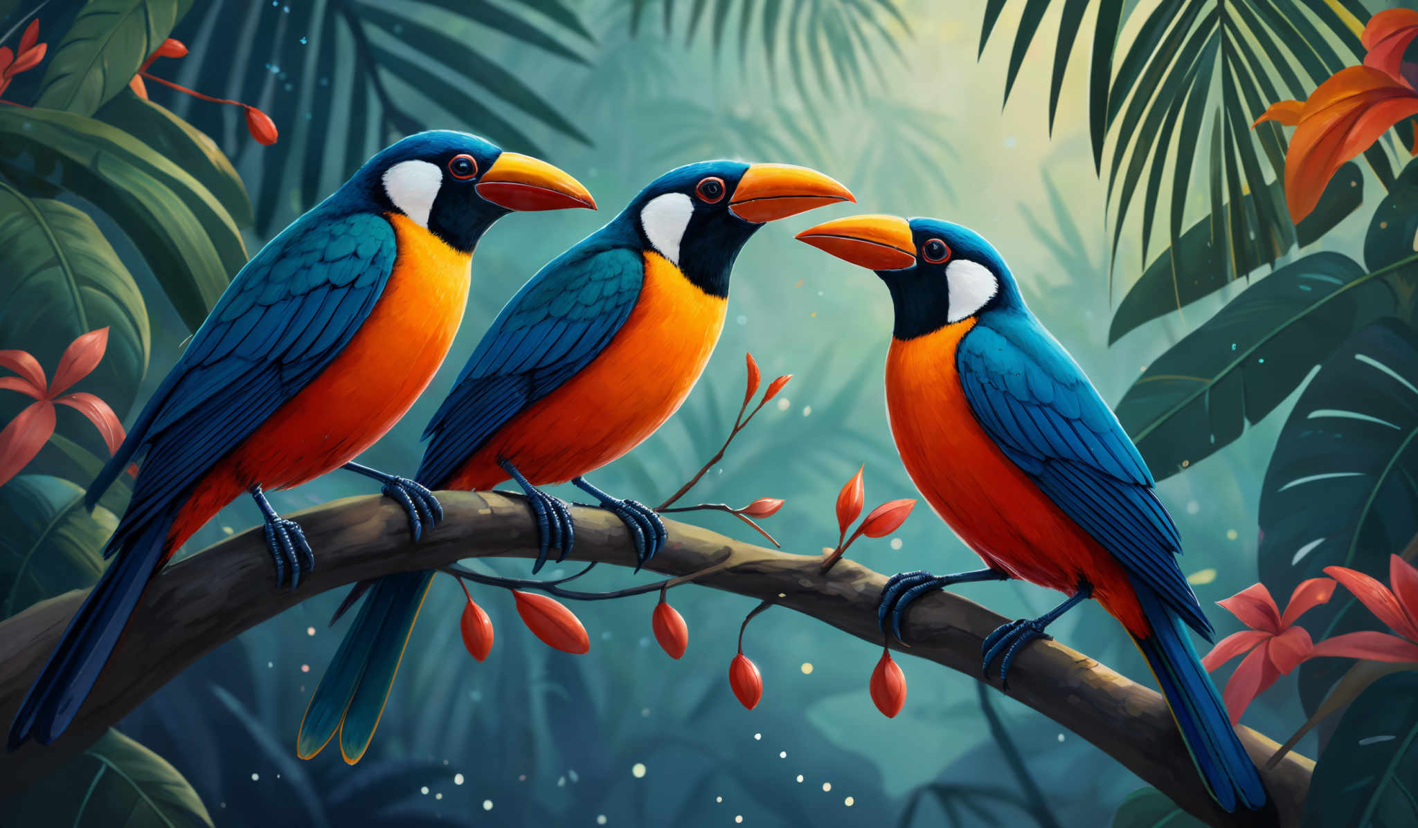 The image showcases three vibrant birds with blue wings and orange-yellow torsos. They have distinct black and white facial markings, with sharp, curved beaks. The birds are perched on a branch adorned with red berries. The background is a lush, green jungle setting with large, tropical leaves and a hint of a waterfall.