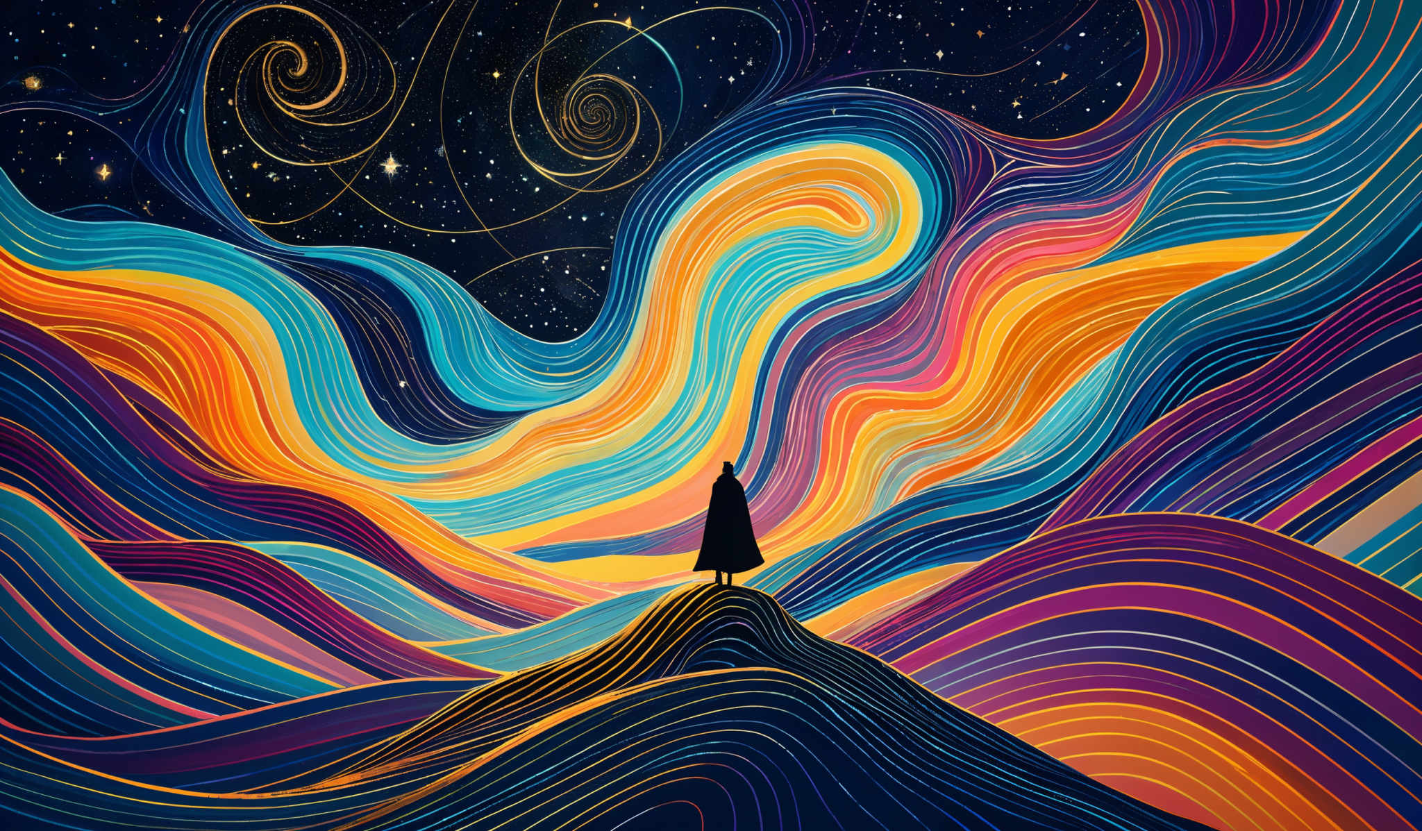 The image showcases a vibrant and swirling pattern of colors, predominantly in shades of blue, orange, and purple. The swirls create an illusion of a flowing, wavy pattern, reminiscent of a galaxy or a whirlpool. At the center, there's a silhouette of a person standing on a peak, looking upwards at the mesmerizing pattern above. The person appears to be in a contemplative or awe-inspired stance, emphasizing the grandeur of the scene.