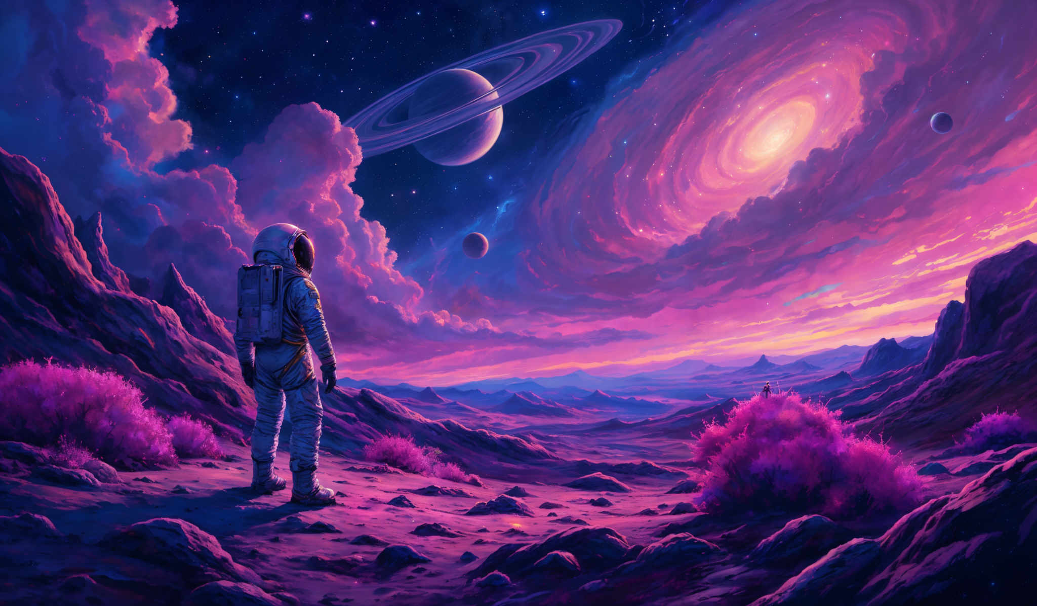 The image showcases a vibrant and colorful cosmic landscape. Dominating the sky are swirling clouds of pink, purple, and blue hues, with a radiant orange and yellow glow emanating from a central point, possibly a star or sun. There are multiple celestial bodies, including planets and moons, with one large planet having prominent rings. The foreground features a rugged terrain with jagged rocks and purple bushes. A lone astronaut stands on the landscape, gazing at the celestrial wonders above, wearing a spacesuit with a helmet.