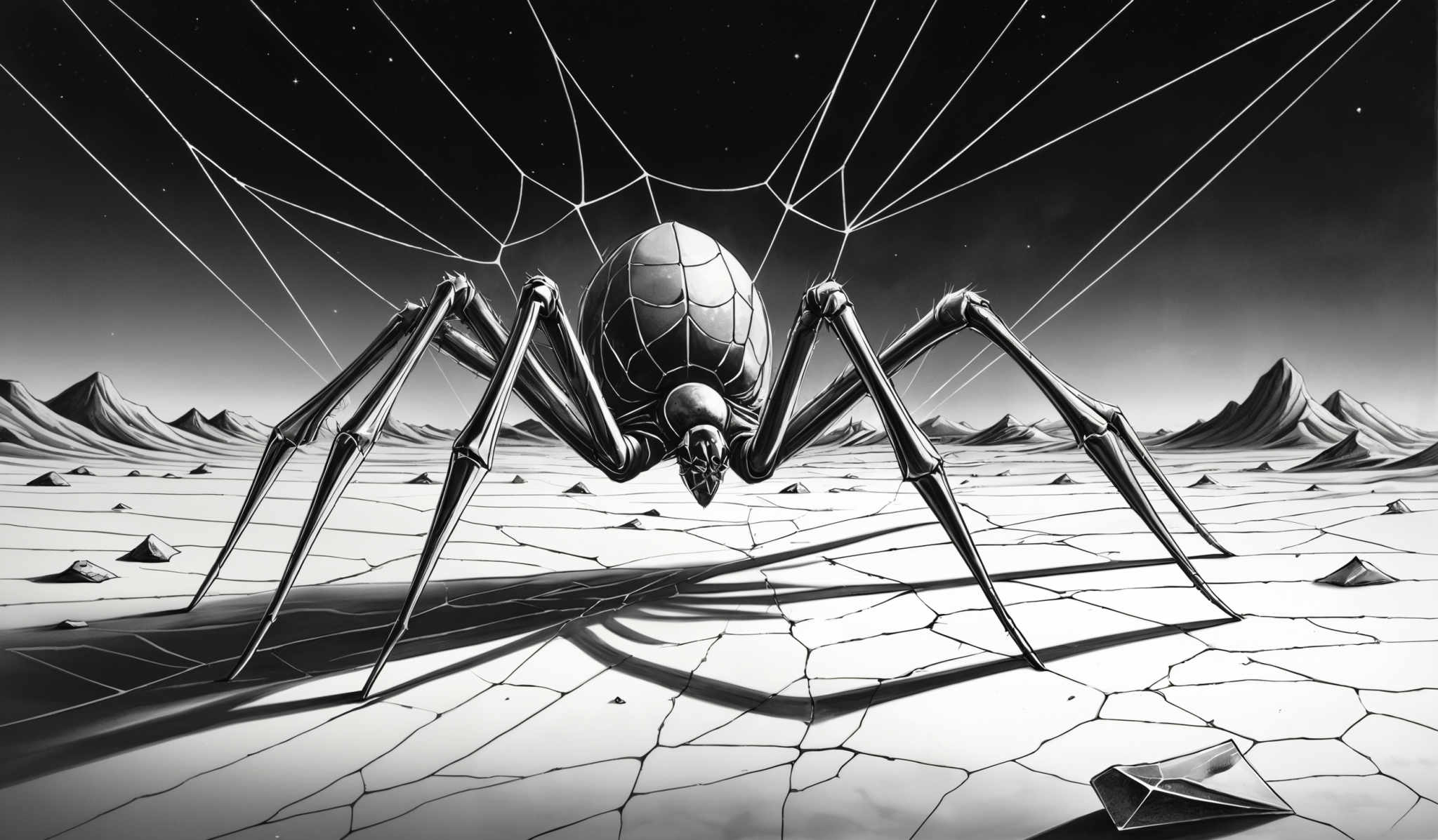 The image is predominantly in shades of black and white. It showcases a colossal spider positioned in the foreground, with its web stretching out in multiple directions. The spider's body is spherical with intricate patterns on its exoskeleton. The landscape behind the spider is barren, with cracked ground and a few scattered rocks. The sky is vast and starry, suggesting a desolate or otherworldly setting.