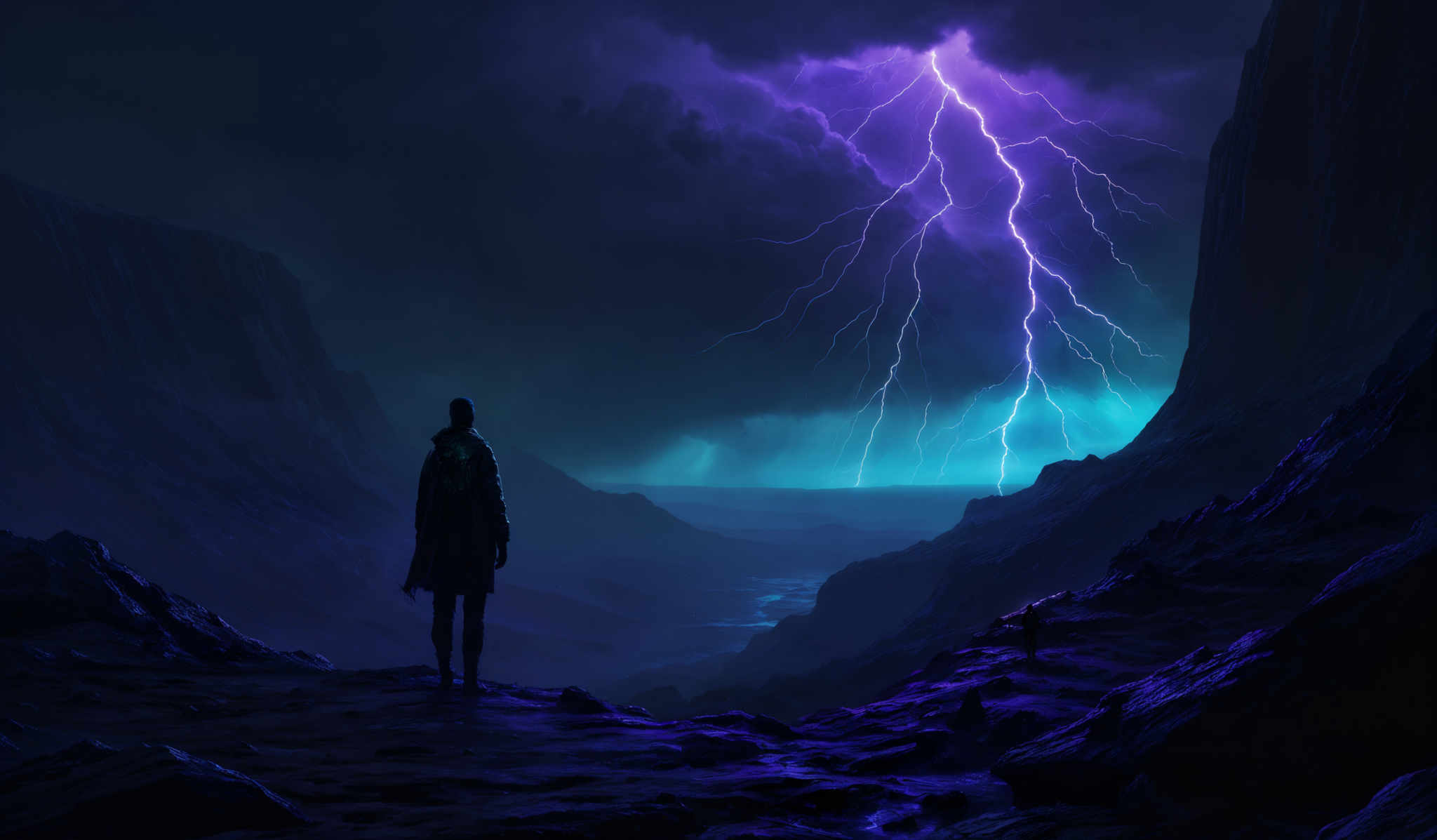 The image showcases a dramatic and atmospheric scene. Dominating the background is a dark, stormy sky with a vibrant purple lightning bolt striking down. The landscape is rugged with towering cliffs on either side. The ground appears to be rocky and uneven, with a few scattered rocks and boulders. A solitary figure stands in the foreground, facing the lightning, with their back to the viewer. The figure is dressed in dark clothing, possibly a cloak or jacket, and appears to have a hood. The overall color palette is dominated by shades of purple, blue, and black, creating a moody and intense atmosphere.