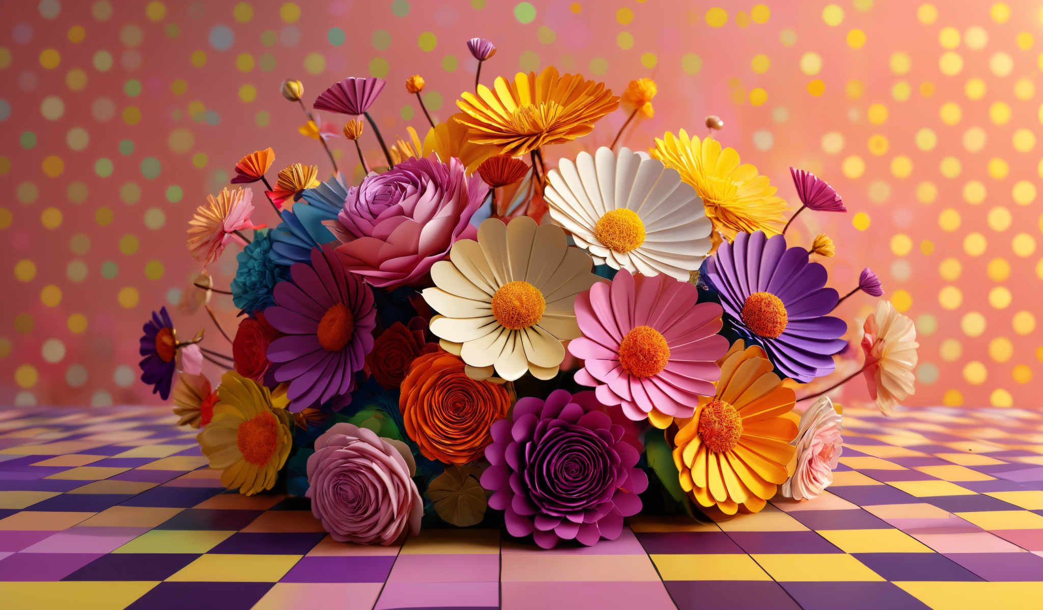 The image showcases a vibrant bouquet of handcrafted flowers. The flowers come in a variety of colors including pink, yellow, purple, and orange. They have unique shapes, with some resembling roses and others having daisy-like petals. The background is a mesmerizing blend of pastel colors with a pattern of circular light spots. The floor has a checkered pattern in purple and yellow tiles.