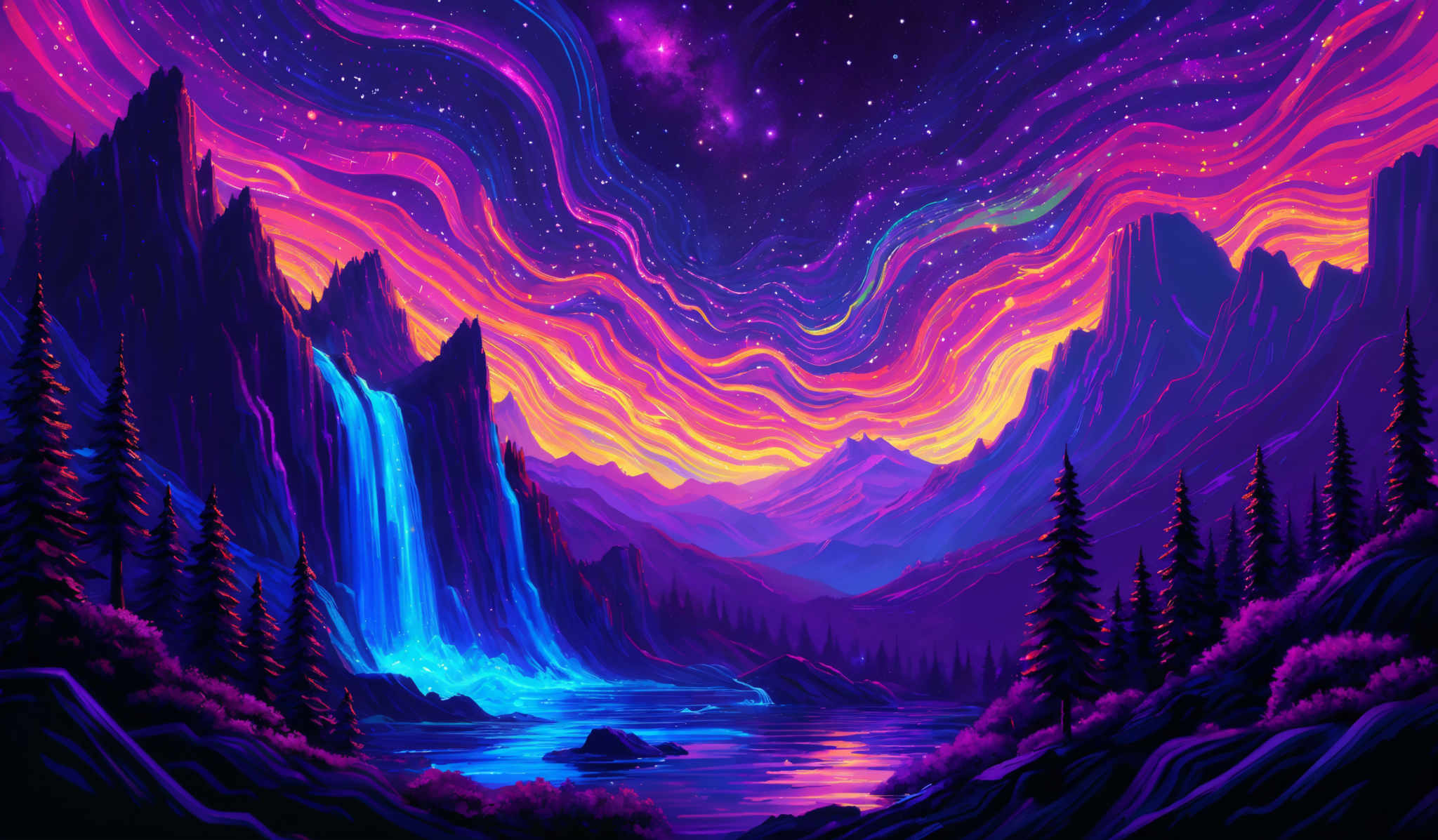 The image showcases a vibrant and mesmerizing landscape. The sky is dominated by swirling patterns of purple, pink, and orange, reminiscent of a cosmic dance or an aurora borealis. These colors transition smoothly into a deep blue at the top, giving the impression of a starry night. Below the sky, there are towering rock formations, some of which are illuminated from the side, casting shadows on the others. A waterfall cascades from one of the cliffs, pouring its blue waters into a serene lake. The lake reflects the colors of the sky and the silhouettes of the surrounding terrain. The foreground is adorned with dense pine trees, their dark silhouette contrasting with the bright background.