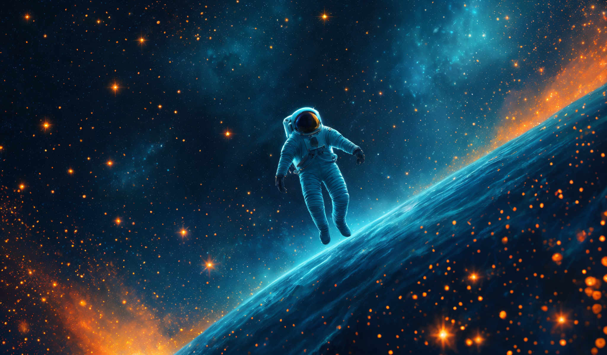 The image showcases a vast expanse of space filled with countless stars, some of which are brighter and more luminous than others. Dominating the center is an astronaut floating in space, wearing a full spacesuit with a reflective visor. The astronaut appears to be in a state of free-fall, with the curvature of a planet or celestial body visible beneath them. The planet's surface emits a radiant blue glow, contrasting with the fiery orange and yellow hues of the surrounding space, which might represent a nebula or another celestIAL phenomenon.