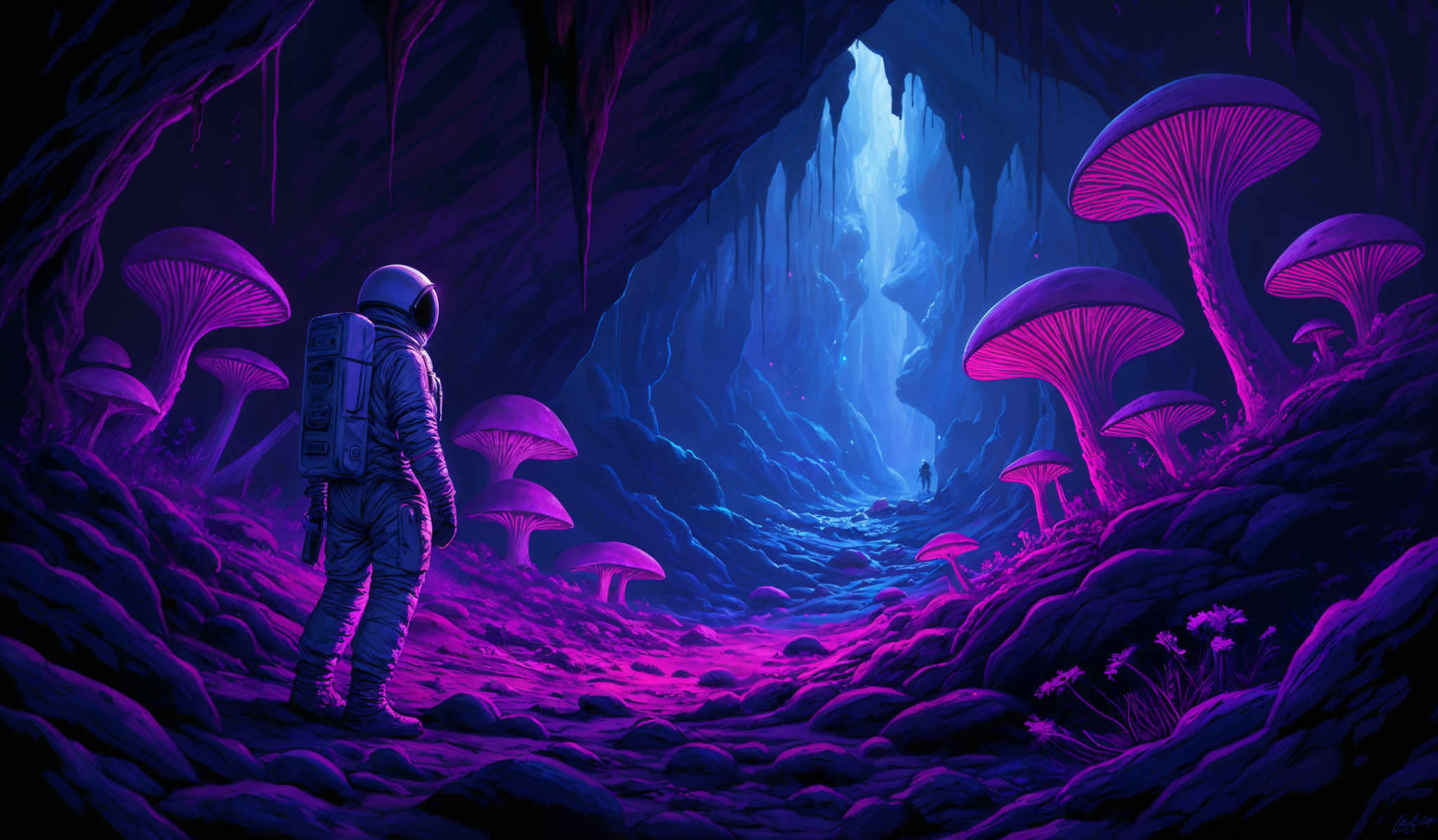 The image predominantly features shades of purple, blue, and pink. The scene is set in a cavernous environment with large, vibrant mushrooms that have a pinkish hue. The ground is covered in a mix of rocks and what appears to be a soft, luminescent substance. A lone astronaut stands in the foreground, wearing a spacesuit and a helmet, gazing at the scene. The background reveals a bright, ethereal light source that illuminates the cavern, creating a contrast between the darkness of the cave and the luminosity outside.