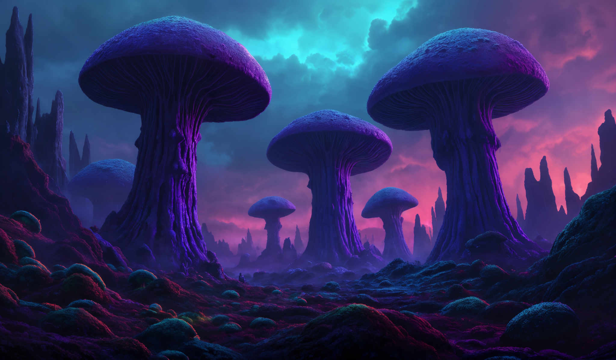 The image showcases a surreal landscape dominated by towering mushrooms. These mushroom structures are vibrant in color, predominantly in shades of purple and blue. They have a capsule shape with a slightly curved top. The ground is covered in a variety of textures, including what appears to be small rocks or pebbles, and there are patches of vibrantly colored vegetation, possibly moss or algae, that glow in hues of green, red, and blue, reflecting the ambient light. The sky is dramatic, with swirling clouds in shade of teal and pink, suggesting either a sunrise or sunset.