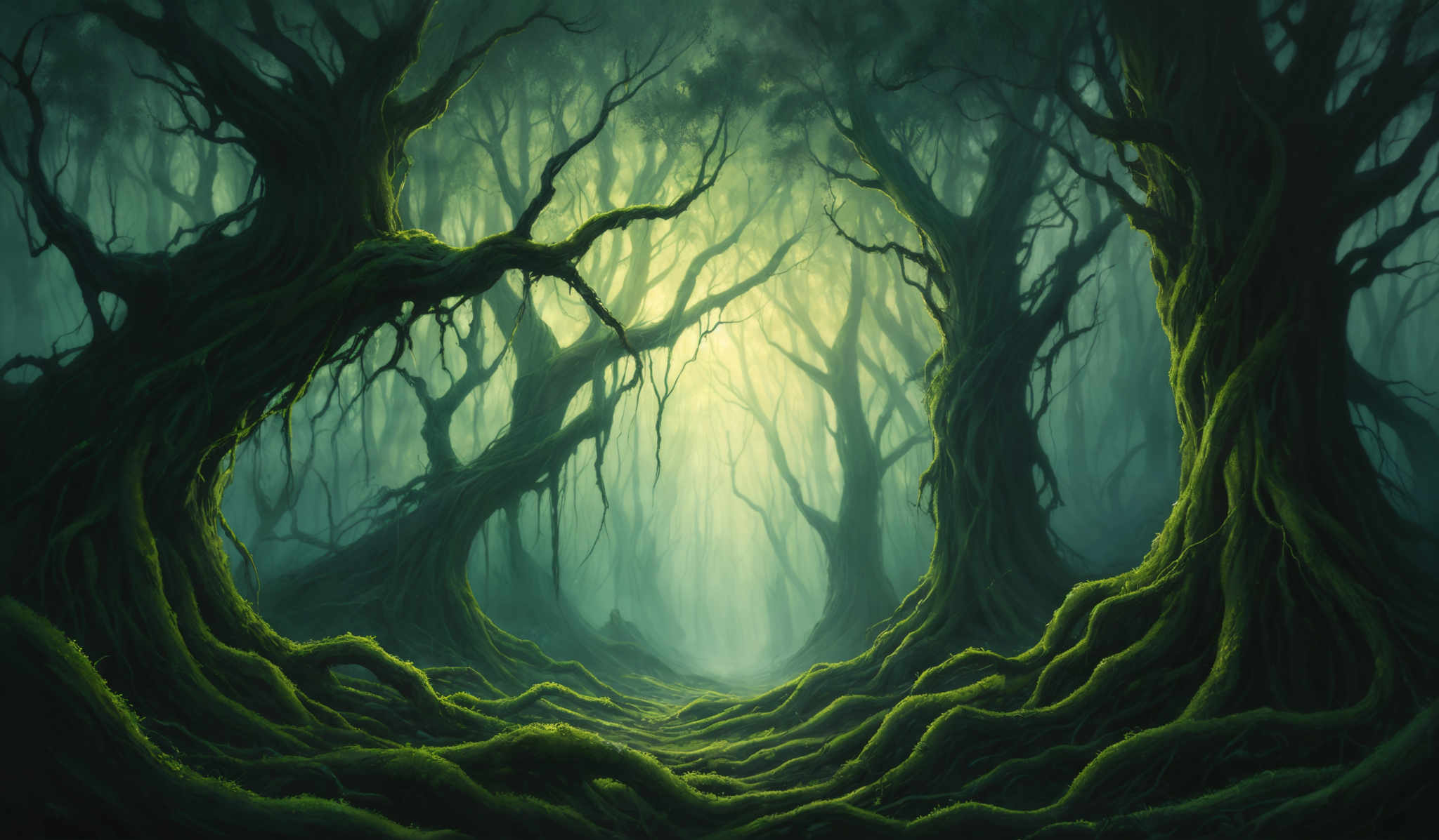 The image showcases a mystical and dense forest with twisted and gnarled trees. The predominant colors are shades of green, representing moss and foliage, and shades blue, indicating the misty atmosphere. The trees have intricate and sprawling roots that seem to wrap around the trunks and the ground. The forest appears to be enveloped in a thick fog, giving it a dreamy and eerie ambiance.