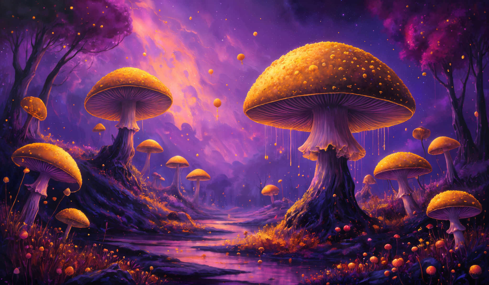 The image showcases a vibrant and surreal landscape dominated by large, golden mushrooms. These mushroom caps are speckled with tiny yellow spots, resembling a galaxy or starry night. The stems of the mushrooms are dark, almost black, and they appear to be growing from a wet, marshy ground. Surrounding the moss are various smaller mushroms and plants, all illuminated by a soft, ethereal light. The background is a mesmerizing blend of purples, blues, and pinks, giving the impression of a twilight sky or an otherworldly galaxy. There are also floating orbs and specks of light throughout the scene, adding to the magical ambiance.