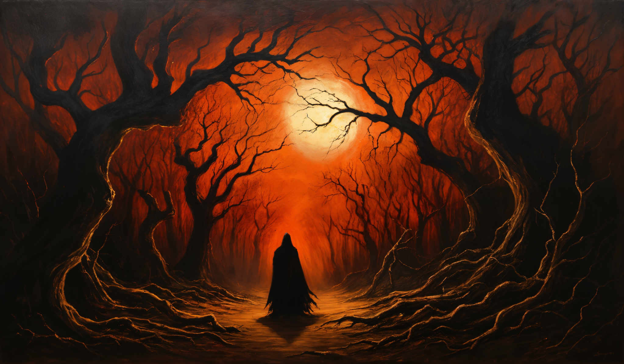 The image predominantly features a fiery orange and red hue, creating an ambiance of warmth and intensity. The shape is characterized by gnarled, twisted trees with dark, intricate branches. The ground is covered with roots and branches, adding to the eerie atmosphere. In the center, there's a silhouette of a figure, possibly a hooded individual, standing amidst the trees, adding a sense of mystery and solitude to the scene.