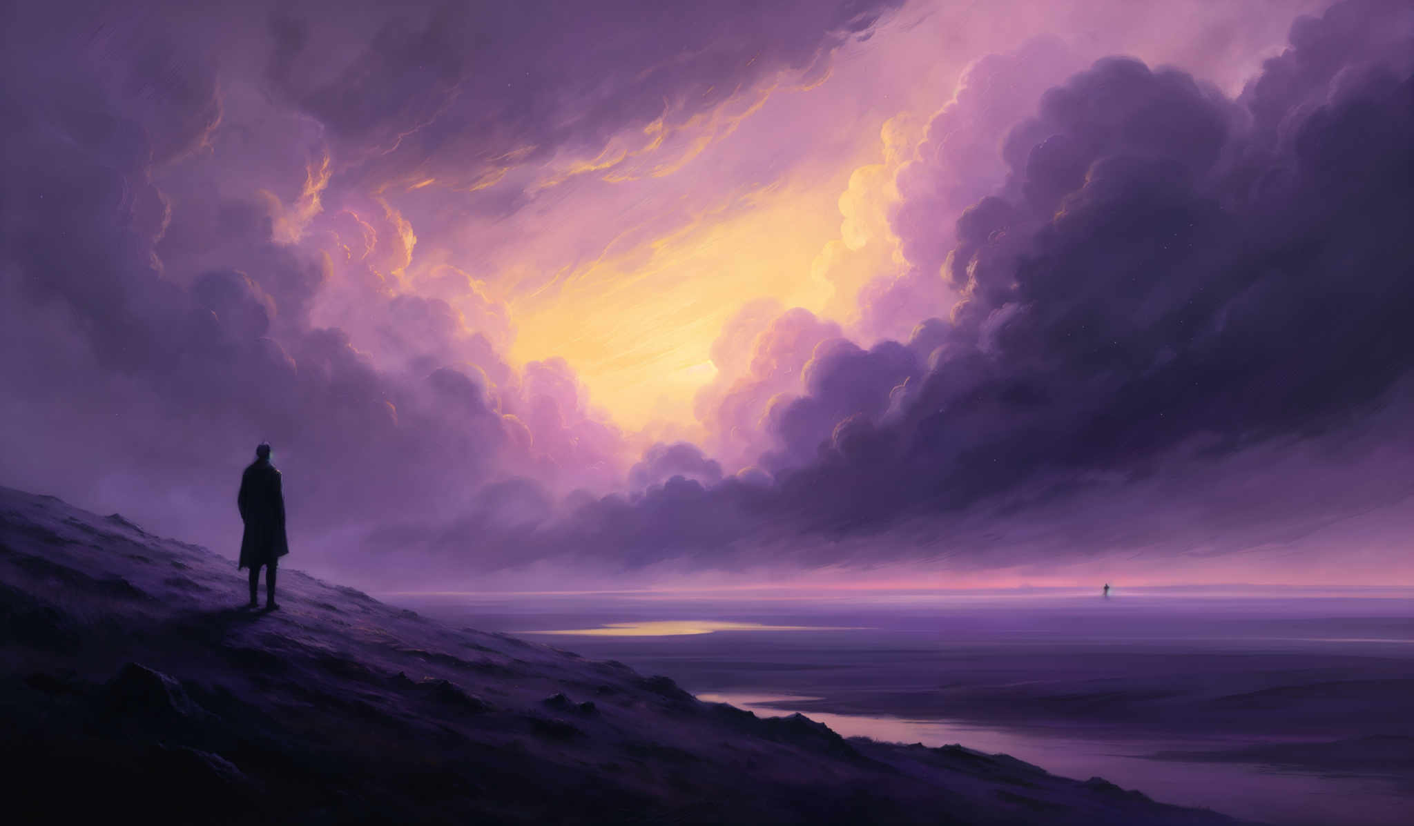 The image showcases a vast expanse of a landscape with a dramatic sky. The sky is dominated by dark, billowing clouds that are illuminated from below, revealing hues of purple, pink, and gold. The clouds appear thick and tumultuous, suggesting an impending storm or a recently passed one. In the foreground, there's a silhouette of a person standing on a hill, looking towards the horizon. The person appears to be observing the vastness of the landscape and the dramatic play of colors in the sky. In addition, there are subtle reflections on the ground, possibly indicating a body of water or a wet surface.