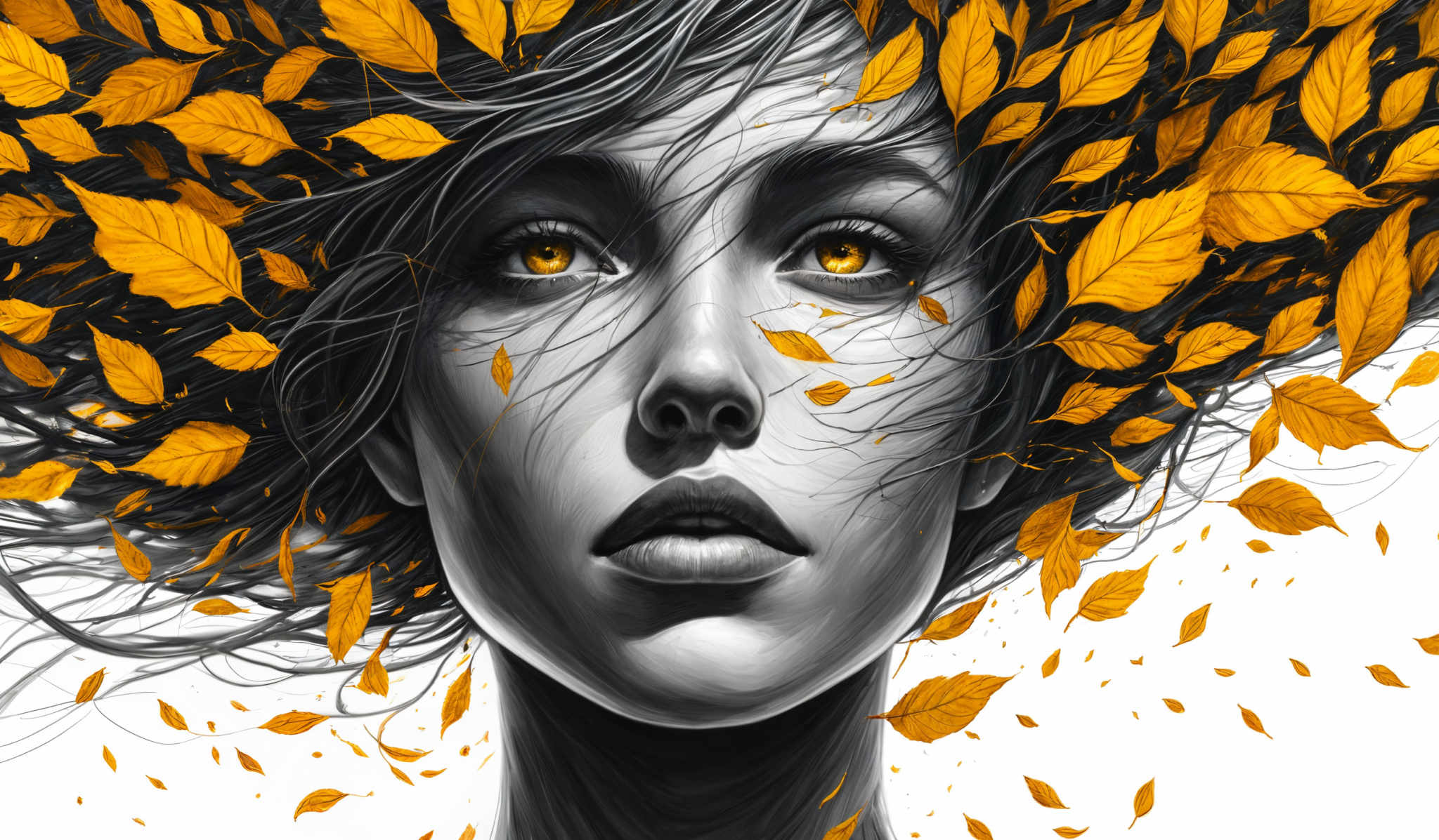 The image showcases a monochromatic portrait of a woman with striking yellow eyes. Her hair is intricately intertwined with vibrant yellow leaves, giving an impression of them being a part of her hair or emerging from it. The leaves are detailed with varying shades of yellow, and some of them are seen falling, adding a dynamic touch to the composition. The woman's face is rendered in grayscale, with the exception of her eyes, which are a vivid yellow, drawing immediate attention.