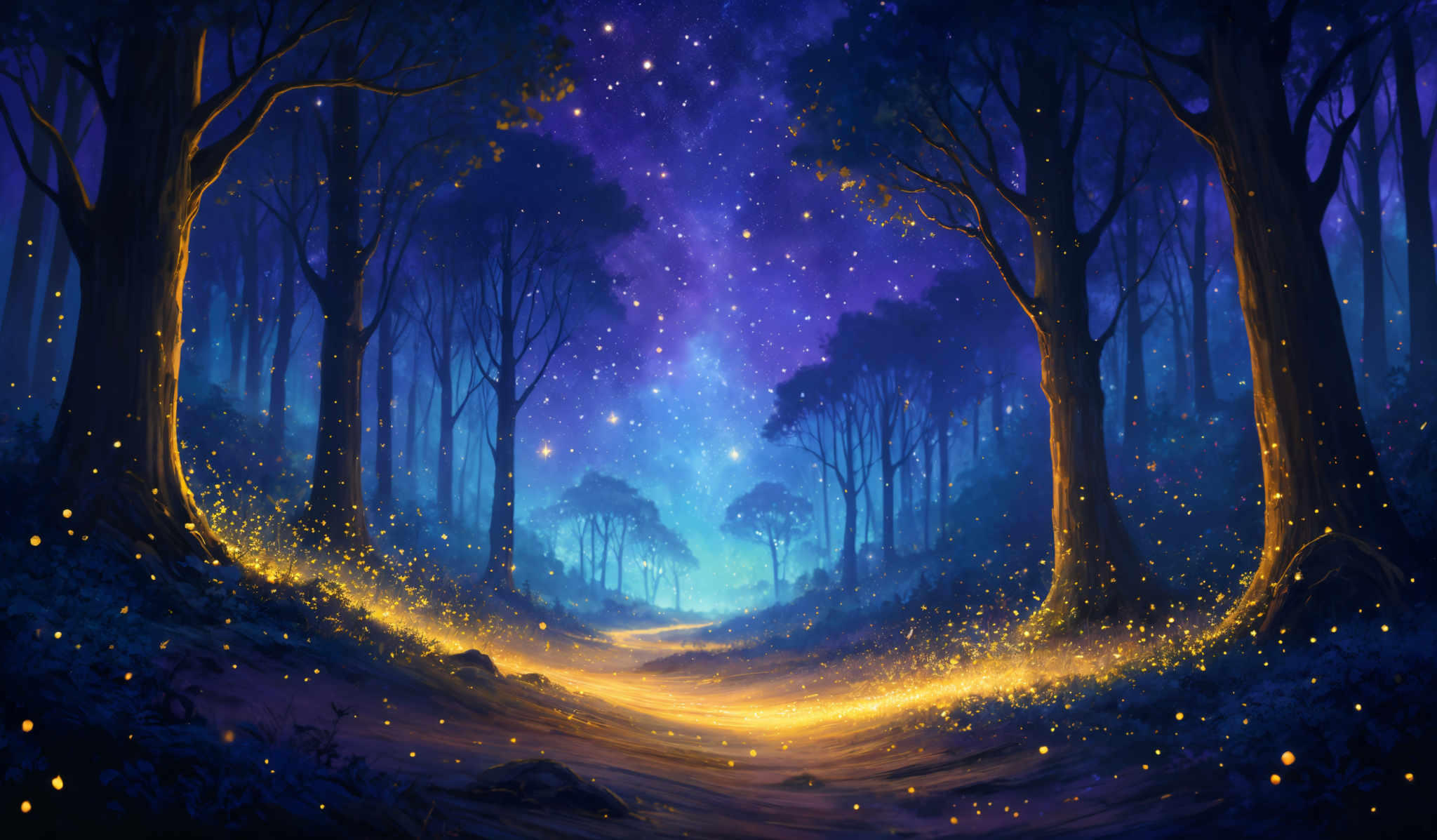 The image showcases a mesmerizing night scene in a forest. The sky is painted in shades of deep blue and purple, dotted with numerous stars. A pathway, illuminated by a golden glow, winds its way through the center of the forest. On either side of the path, tall trees with slender trunks stand tall, their branches reaching out in various directions. The ground is carpeted with a soft, golden light, possibly from the fireflies or some other magical source, creating a contrast with the darker foliage and shadows.