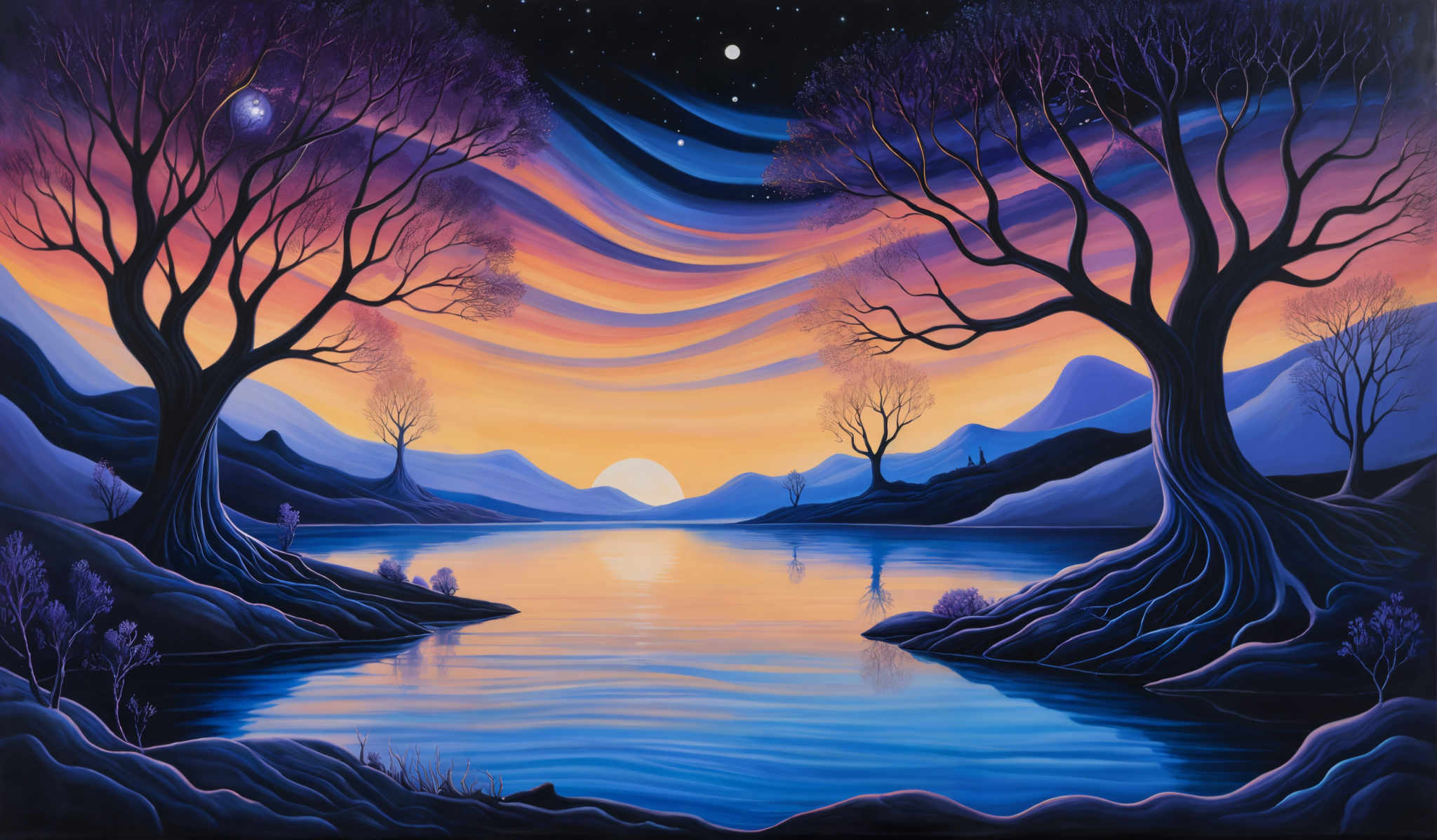 The image showcases a vibrant and surreal landscape. The sky is painted with hues of purple, blue, and orange, transitioning smoothly from one color to another. There are two prominent, twisted trees on either side of the image, with their roots and branches extending outwards. The trees are surrounded by a serene body of water that reflects the colors of the sky. In the distance, there are silhouettes of mountains and hills. The entire scene is illuminated by a setting or rising sun, casting a golden glow over the landscape.