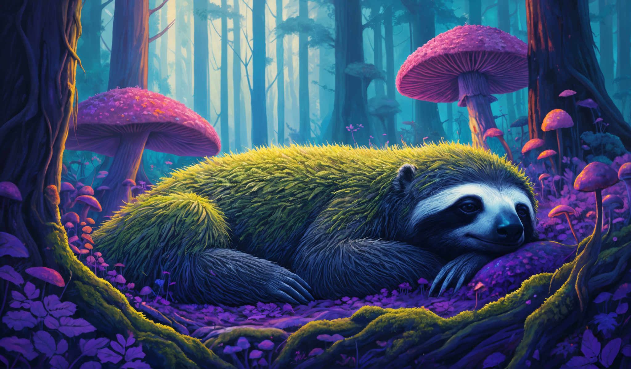 The image showcases a vibrant and mystical forest setting. Dominating the scene is a large, lush sloth with a green, grass-like texture covering its body. The sloth is resting amidst a carpet of purple flowers and is surrounded by various types of mushrooms, some of which are large and pink with a red cap. The forest is dense with tall trees, and the atmosphere is illuminated by a soft, ethereal light filtering through the canopy, casting a blue hue over the scene.