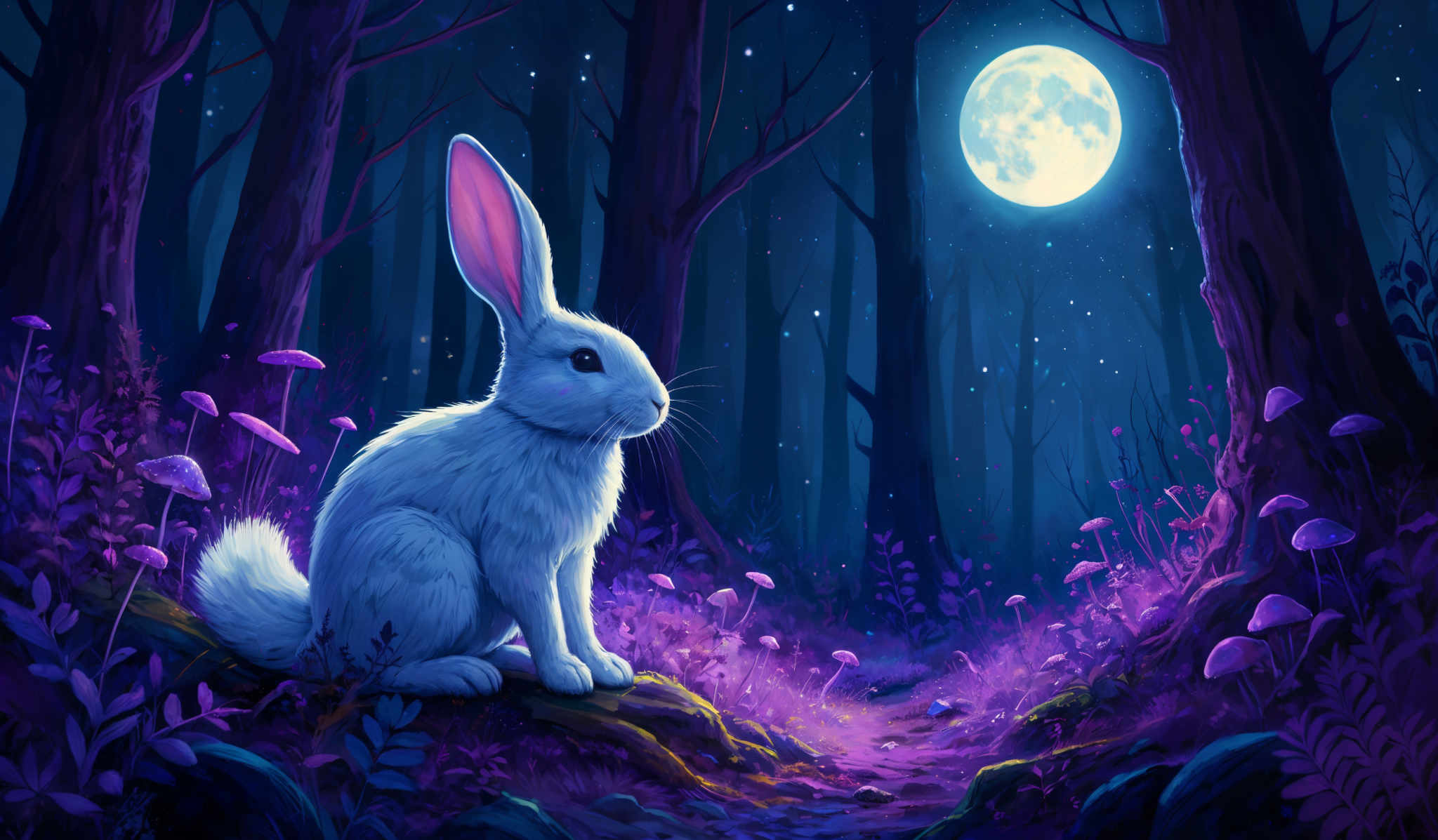 The image showcases a vibrant and mystical forest scene at night. Dominating the foreground is a large, white rabbit with pink ears, sitting on a rock amidst a sea of purple and blue flowers. The rabbit's fur appears soft and fluffy, and its eyes are sharp and attentive. The background is filled with tall, slender trees whose trunks are dark and contrast sharply with the bright moonlight that illuminates the scene. The moon itself is large and glowing, casting a soft light over the forest floor, which is scattered with colorful mushrooms. The sky is dotted with stars, adding to the magical ambiance of the setting.