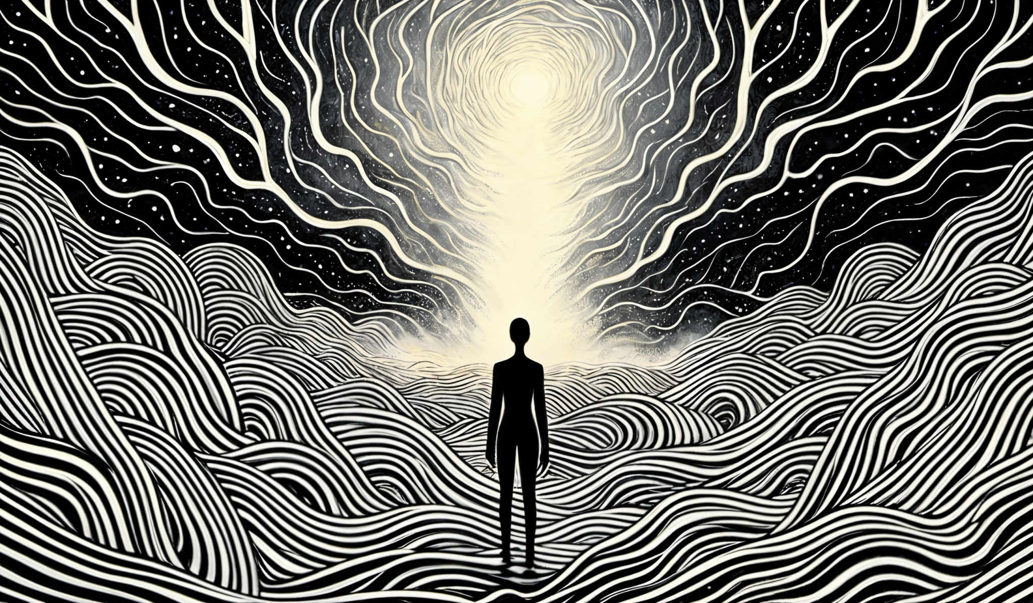 The image predominantly features black and white colors. The central part of the image showcases a swirling pattern of wavy lines that converge towards a bright light source. These lines create an illusion of depth and movement. On the right side, there's a silhouette of a humanoid figure standing, seemingly observing the mesmerizing pattern. The ground is filled with these wavy patterns, creating a sense of depth. The overall image gives a surreal and dreamlike vibe, with the contrast between the dark and light elements adding to its visual appeal.